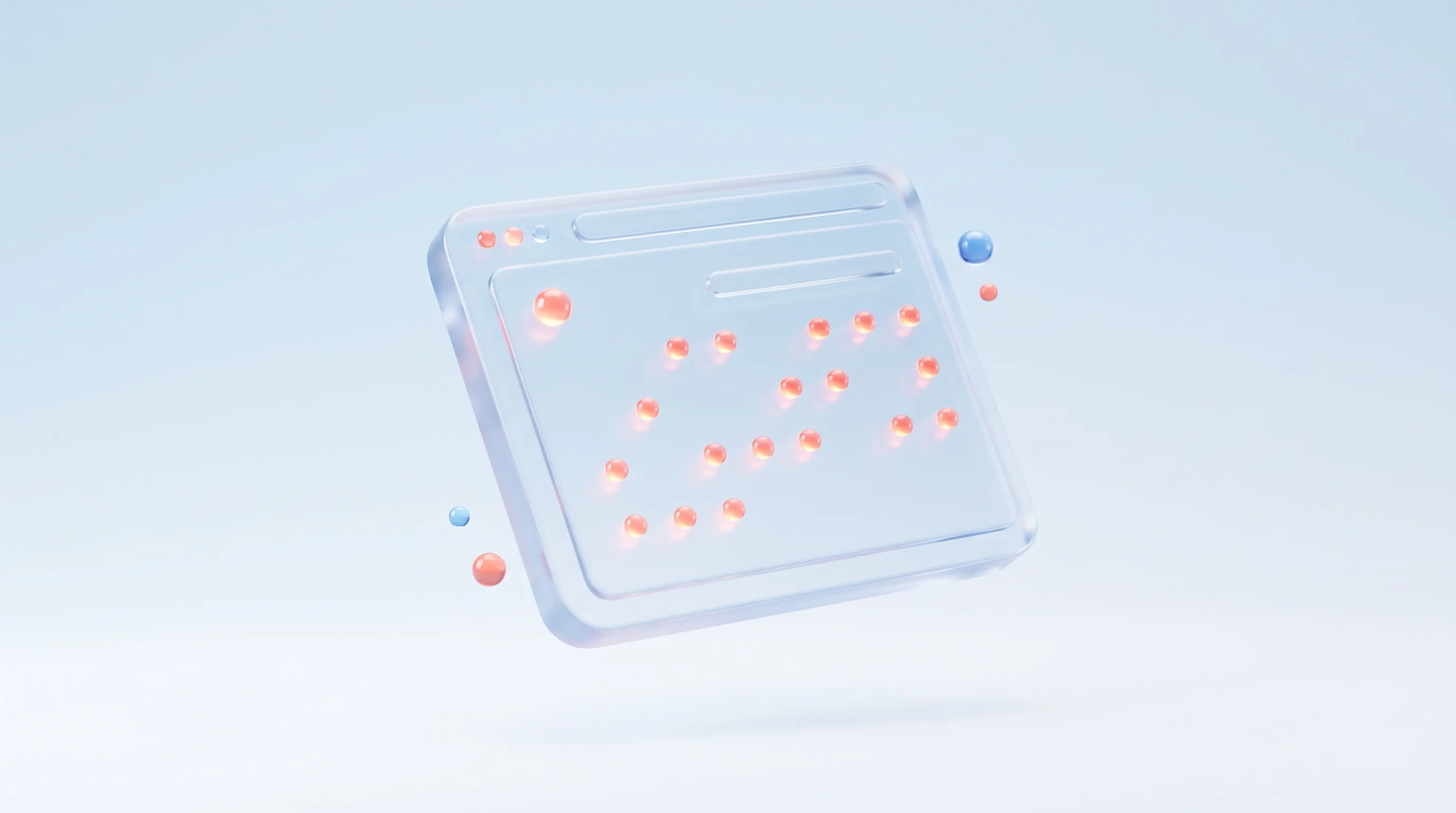 Glass website frame with fifteen small glowing fix-markers dotted across it, representing many small website improvements adding up