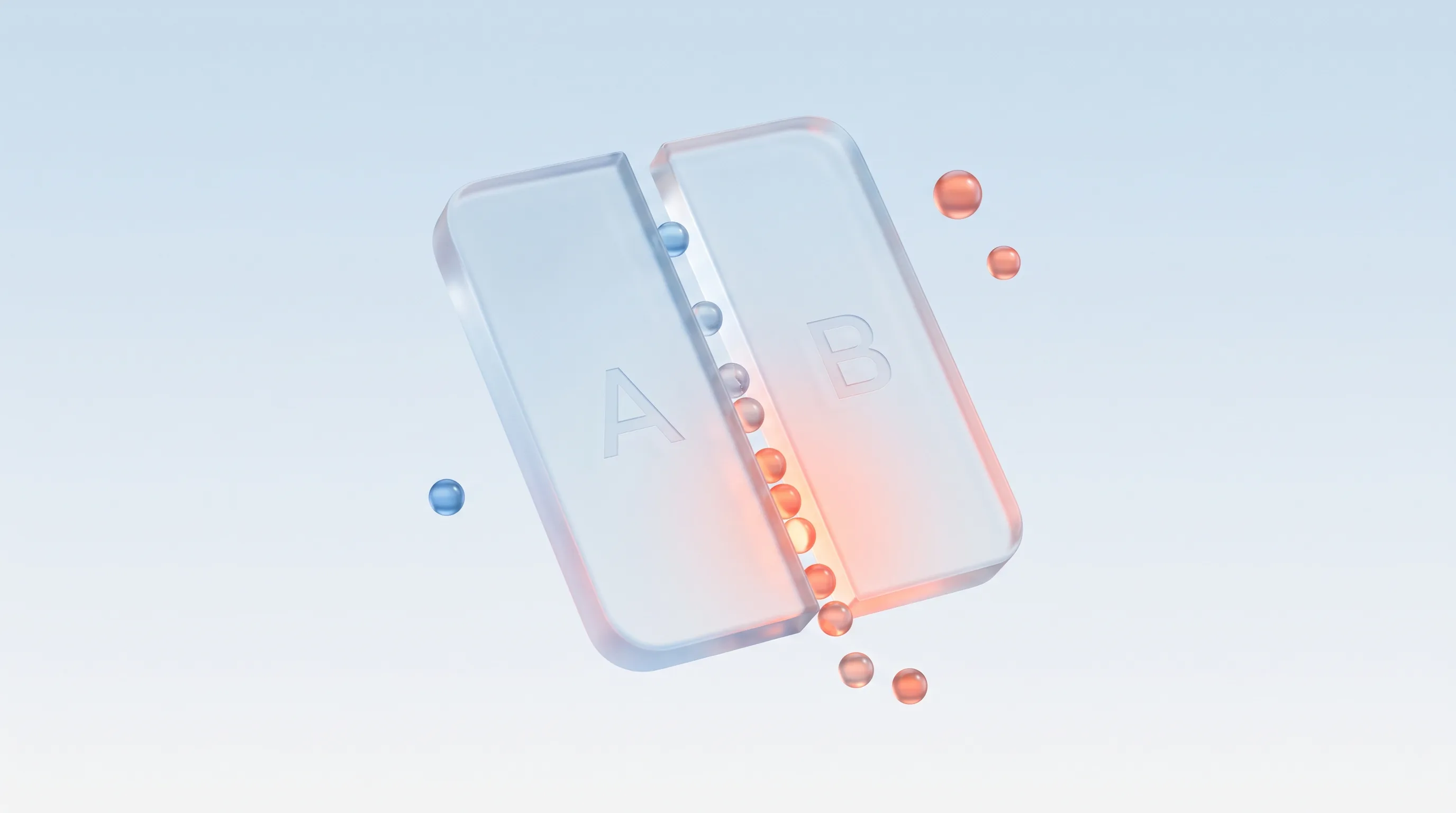 Glass split A/B panel with a small trickle of glass orbs flowing through it, one path glowing, representing A/B testing on low traffic