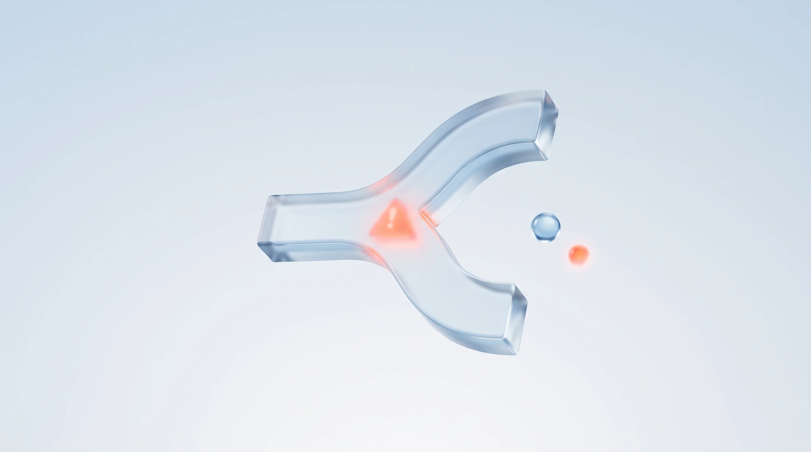 A glass glyph of two split test paths with a warning glow, representing A/B testing pitfalls
