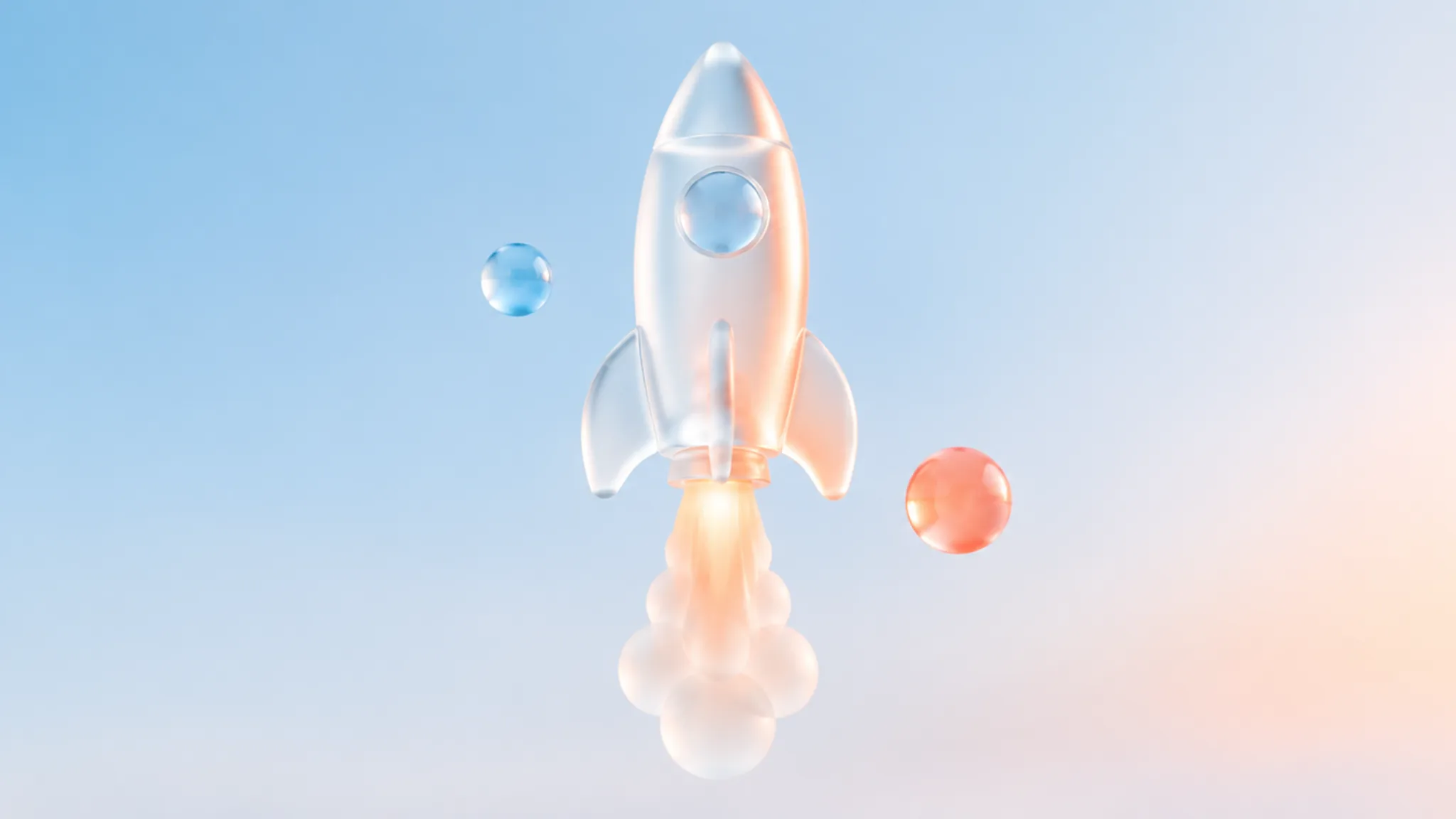 A frosted-glass rocket or spark glyph lifting off a pale surface with a warm coral glow