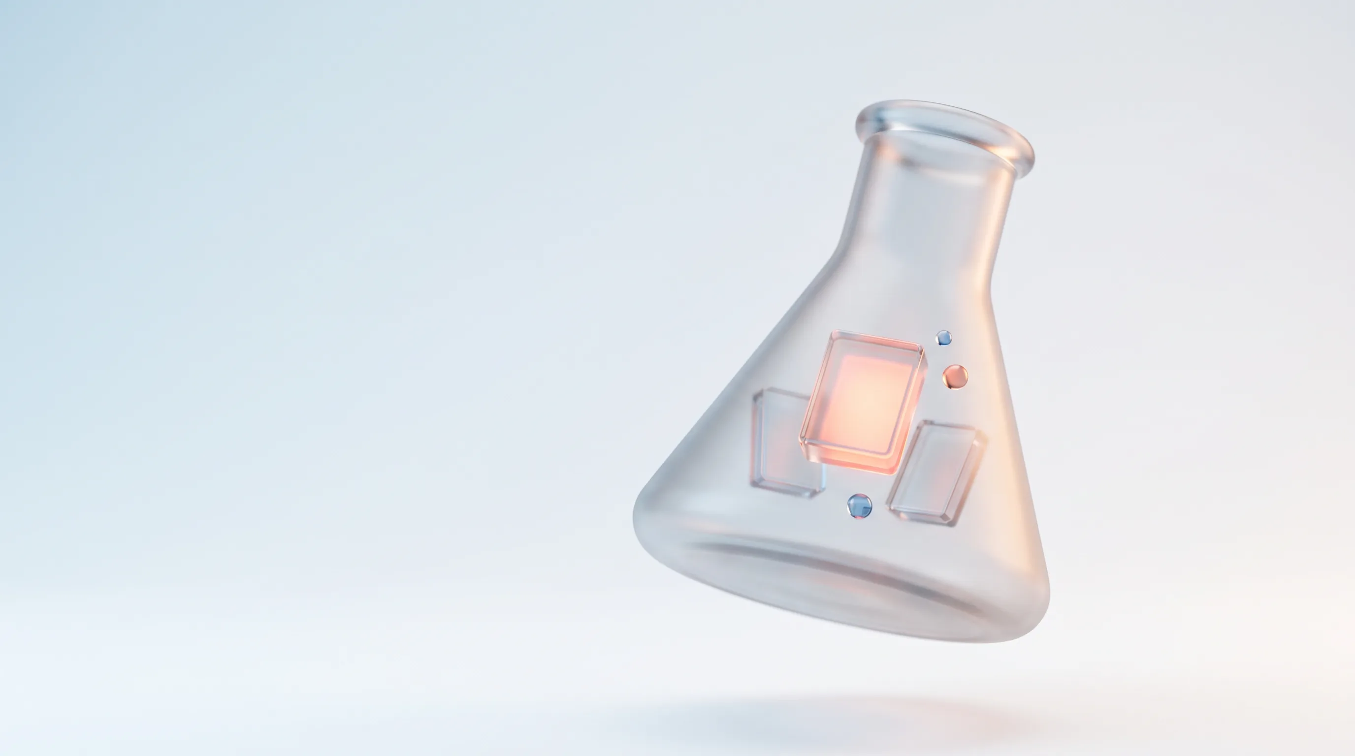 Glass laboratory flask with small glowing ad-frame shapes suspended inside, representing structured creative testing