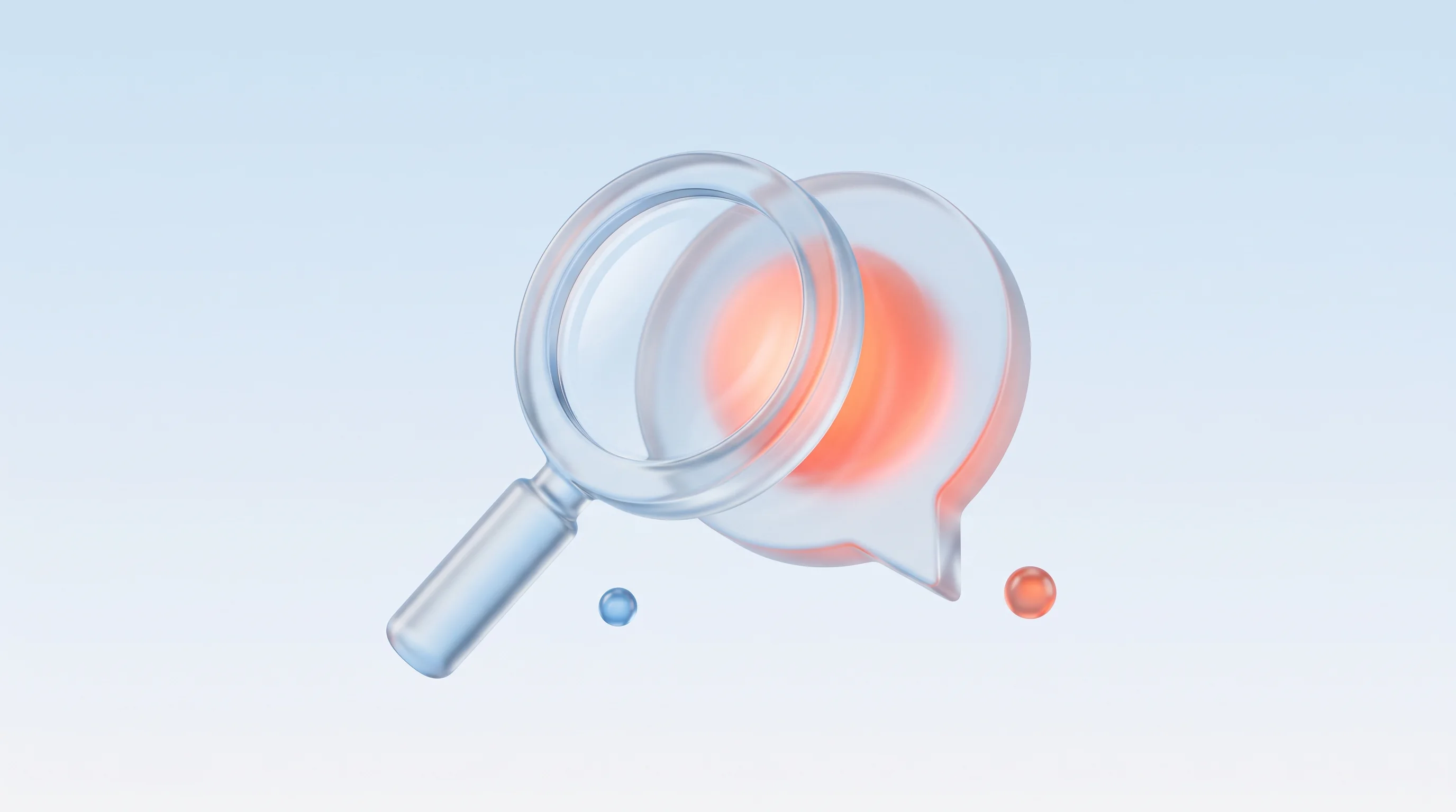 A glass glyph of a magnifying glass merging with a chat bubble, representing answer engine optimization versus traditional search