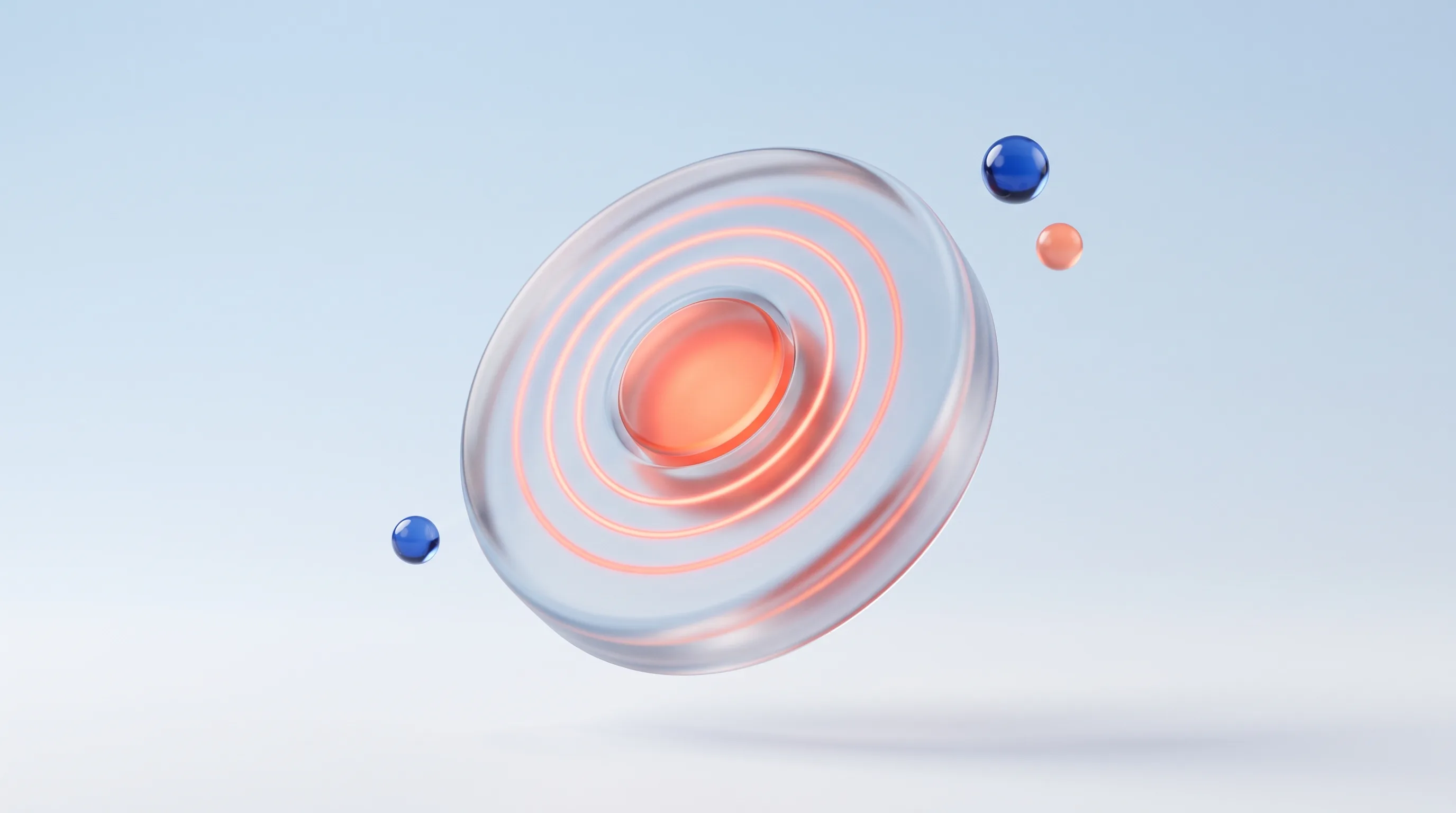 A glass push button with a glowing coral core emitting concentric feedback ripples, representing affordances and feedback