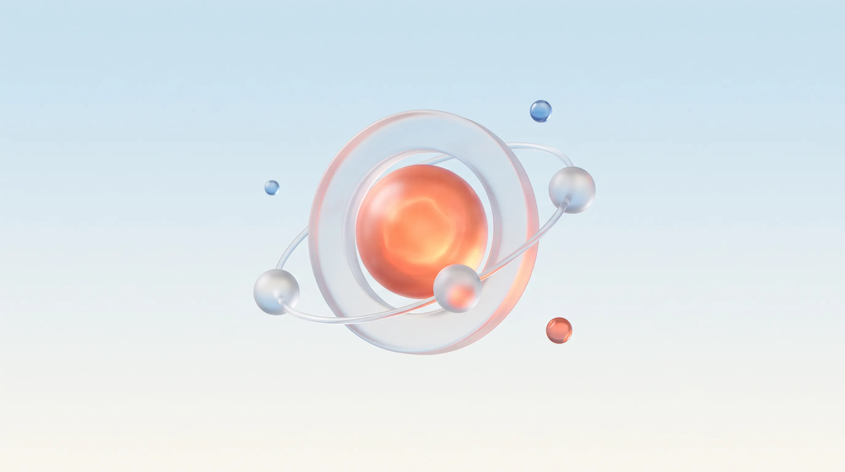 A glass central core with orbiting glass spheres and a coral glow, representing AI agents in marketing operations