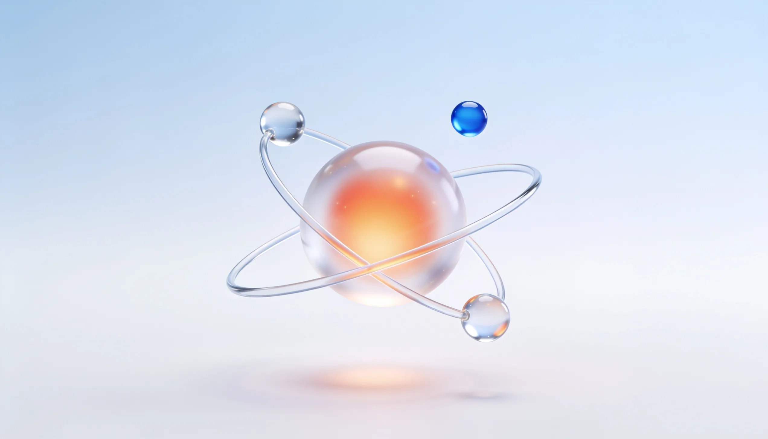 Glass spheres orbiting a glowing core, representing AI agents around a marketing system