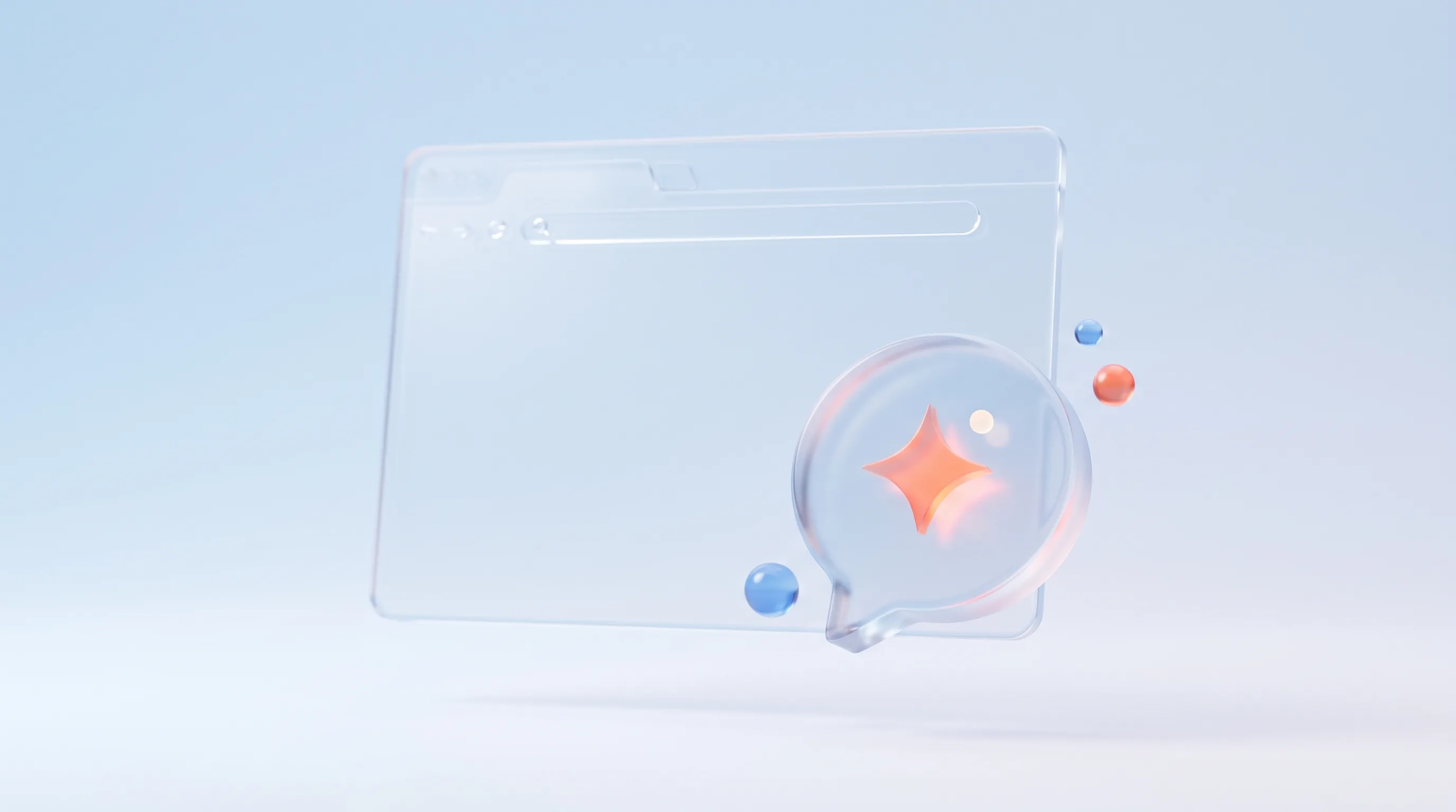 Glass chat widget bubble with a small AI spark sitting in the corner of a glass browser frame, representing website AI chat