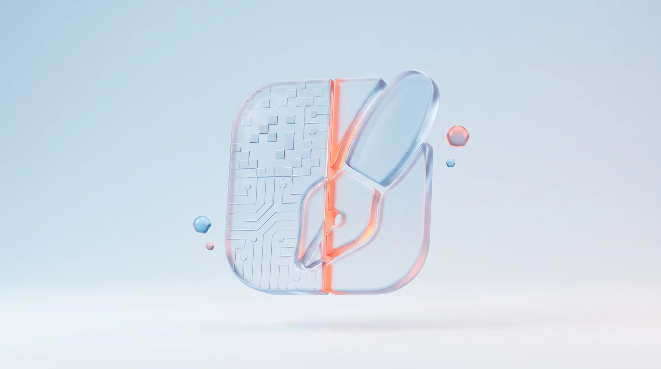 A single glass glyph split into two halves, one a pixel-circuit pattern and one a pen nib, representing AI versus hand-crafted creative