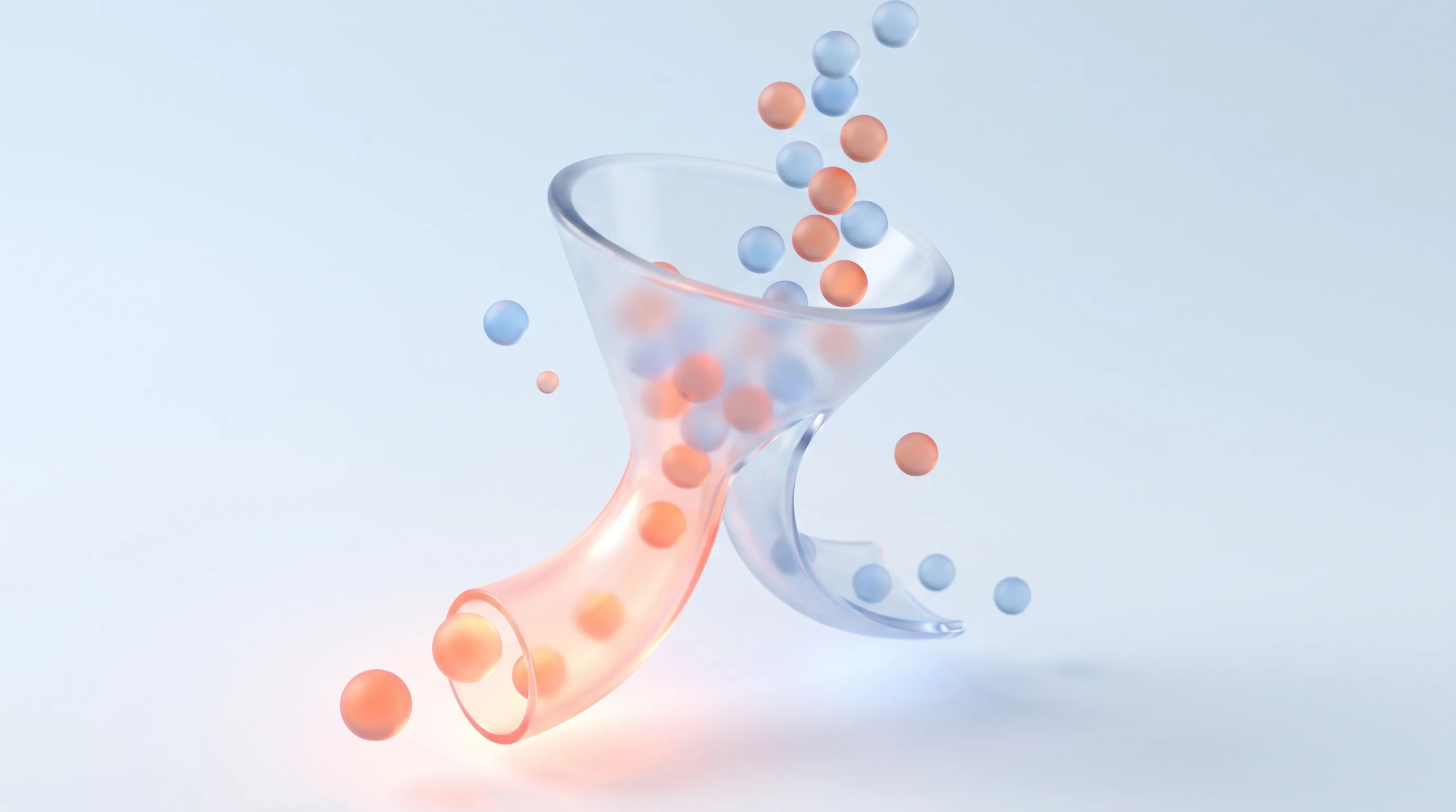 Glass funnel sorting glass orbs into a glowing priority lane and a quieter lane, representing AI qualifying leads before a human reads them