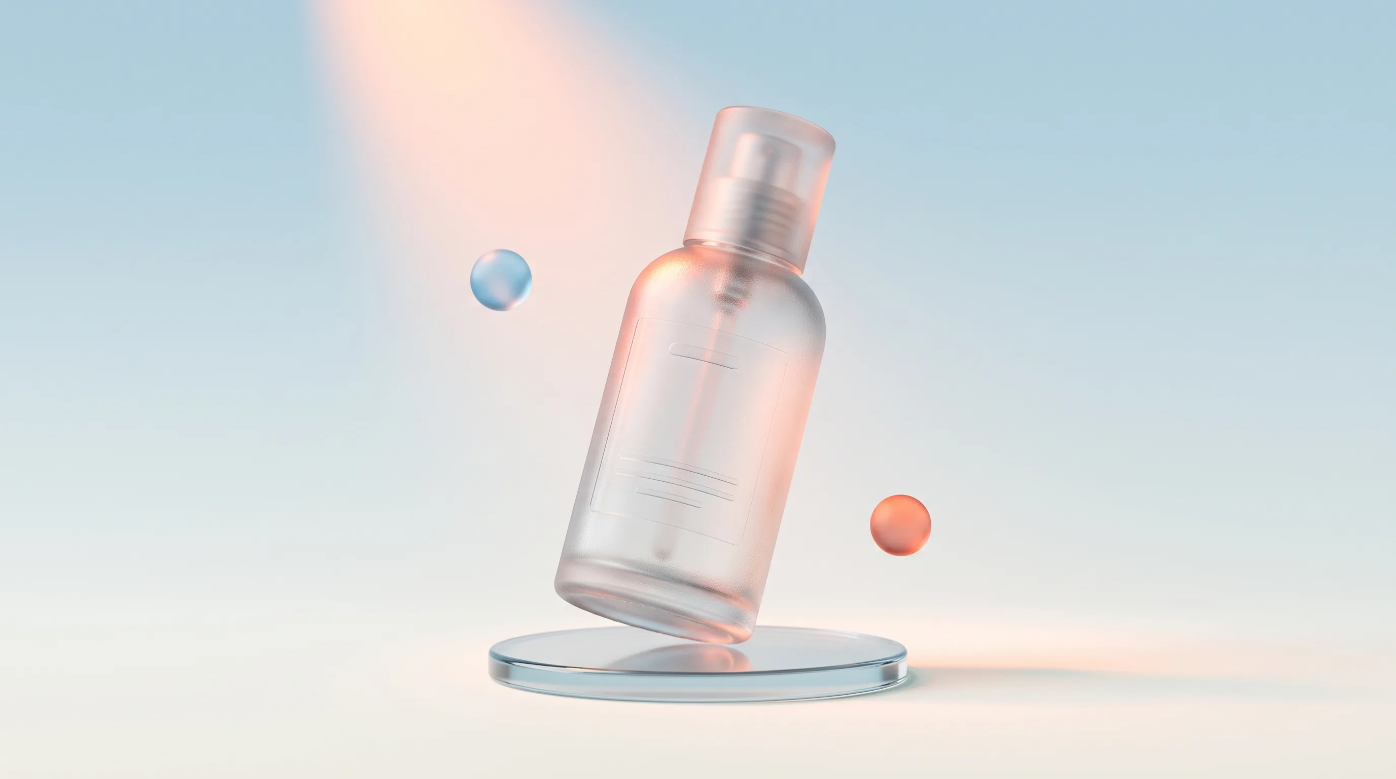 Glass product bottle on a glass studio stage with a soft glow, representing AI-generated product photography