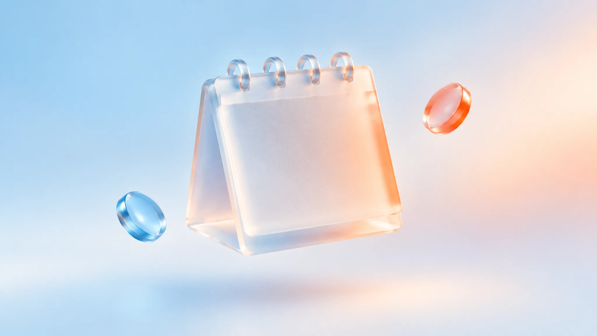 A frosted-glass calendar block beside a smaller glass coin on a pale gradient with coral glow