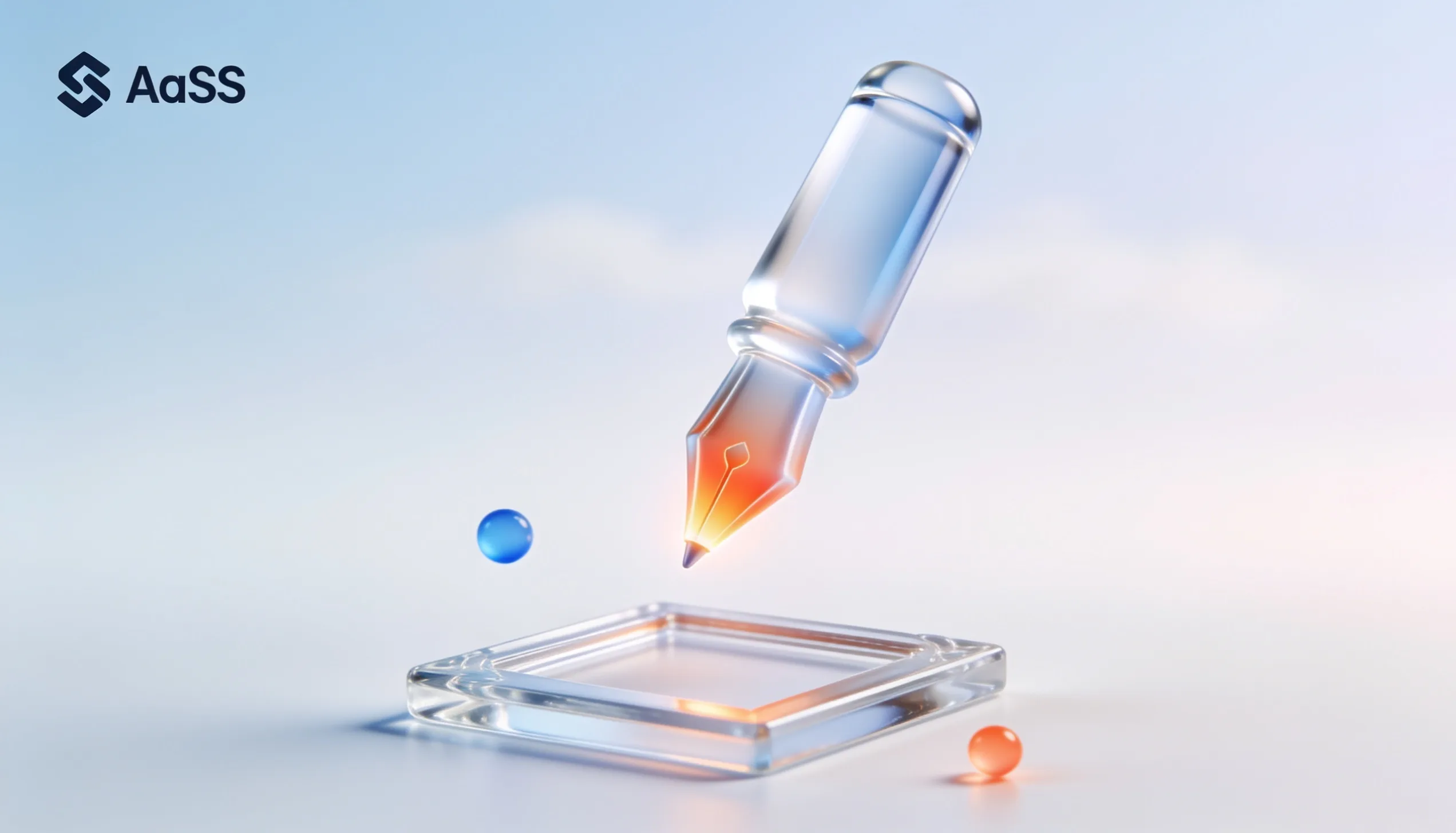 Glass pen nib above a small picture frame, representing human art direction over AI output