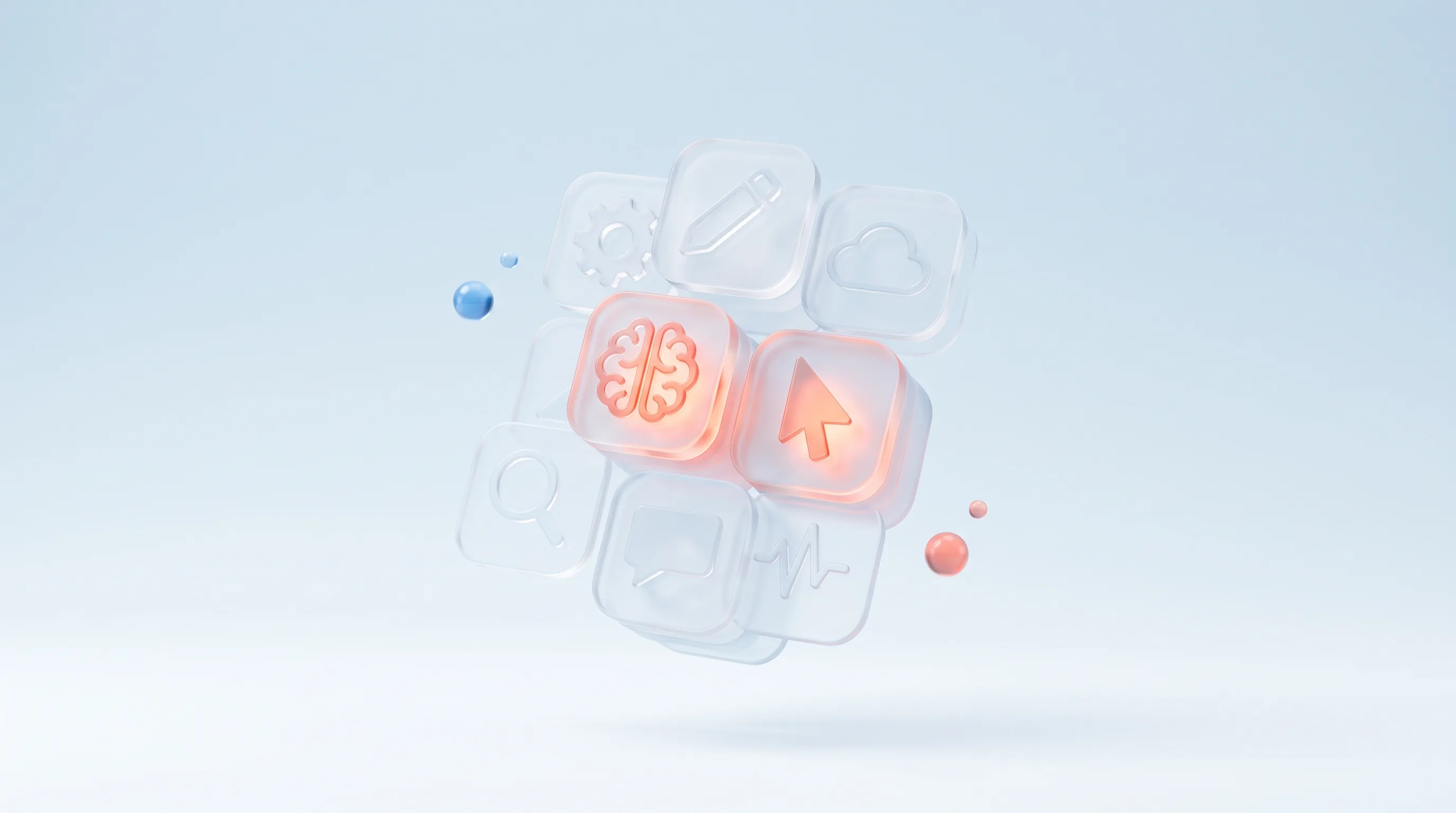 Glass stack of tool icons with a glowing few kept and the rest fading, representing a year-end audit of an AI tool stack