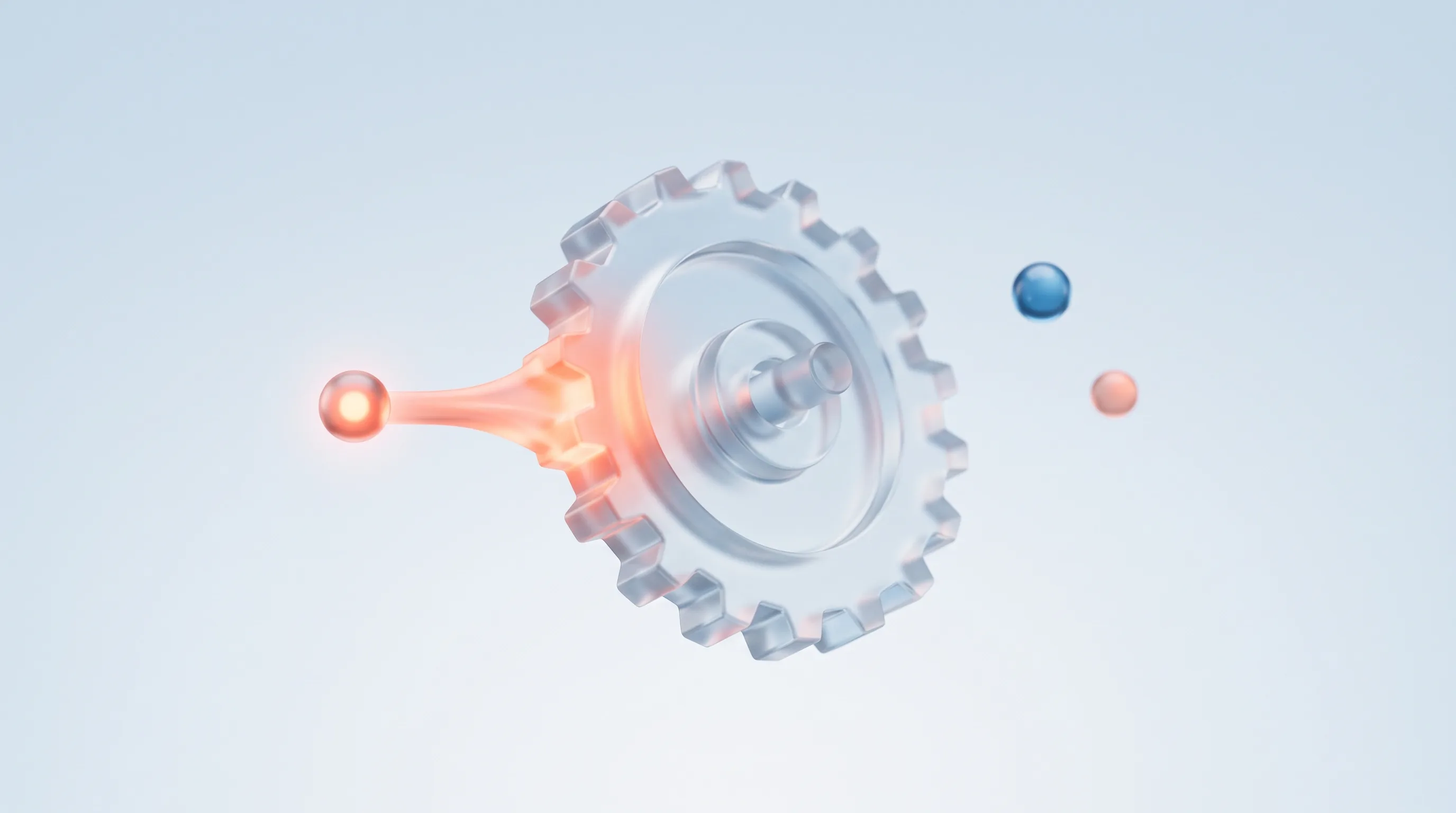 Glass automation gear activated by a glowing pulse from a user-action signal, representing behavior-based triggers