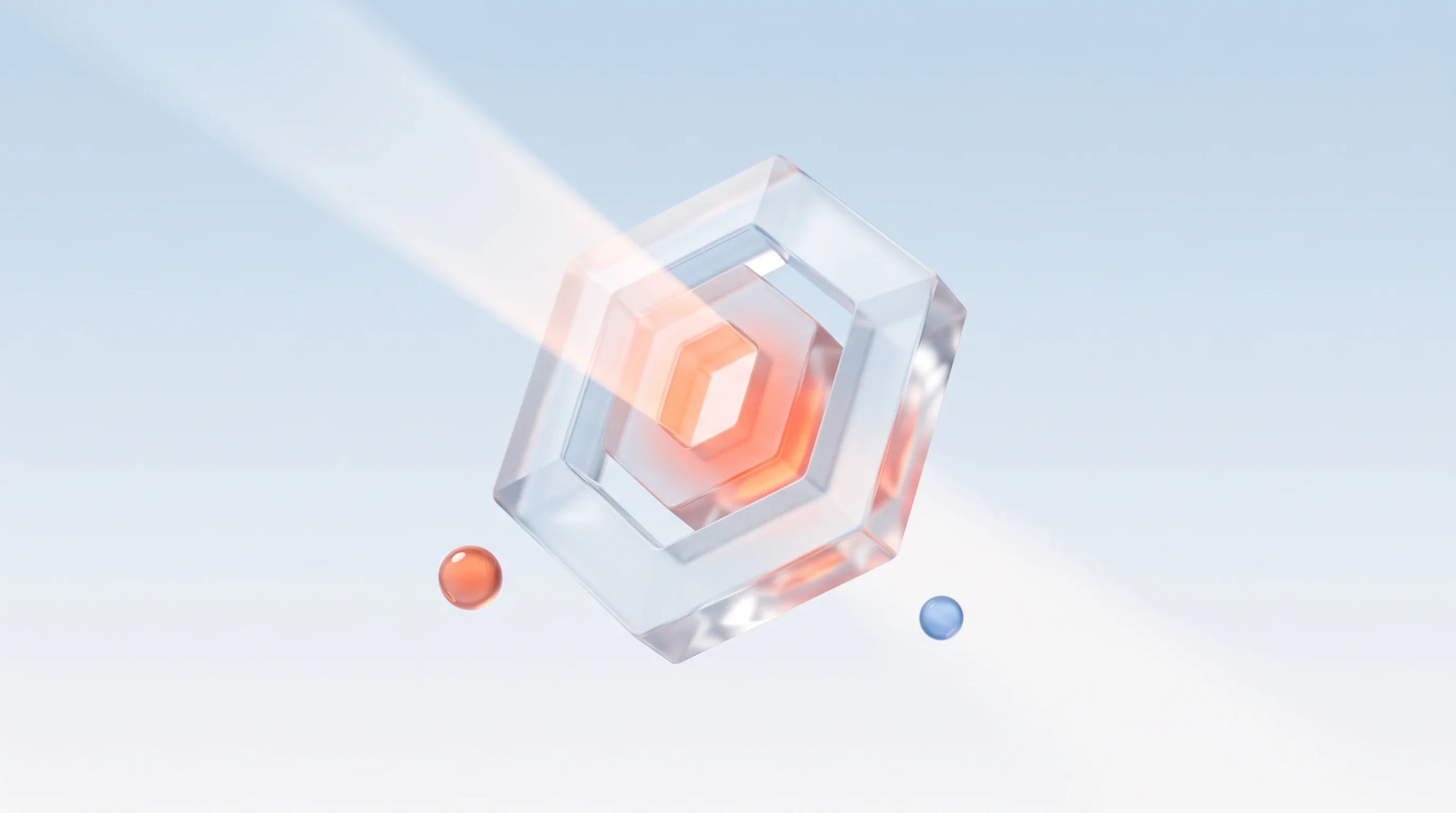 A glass glyph of a clear faceted brand core being read by a beam of light, representing a brand legible to AI