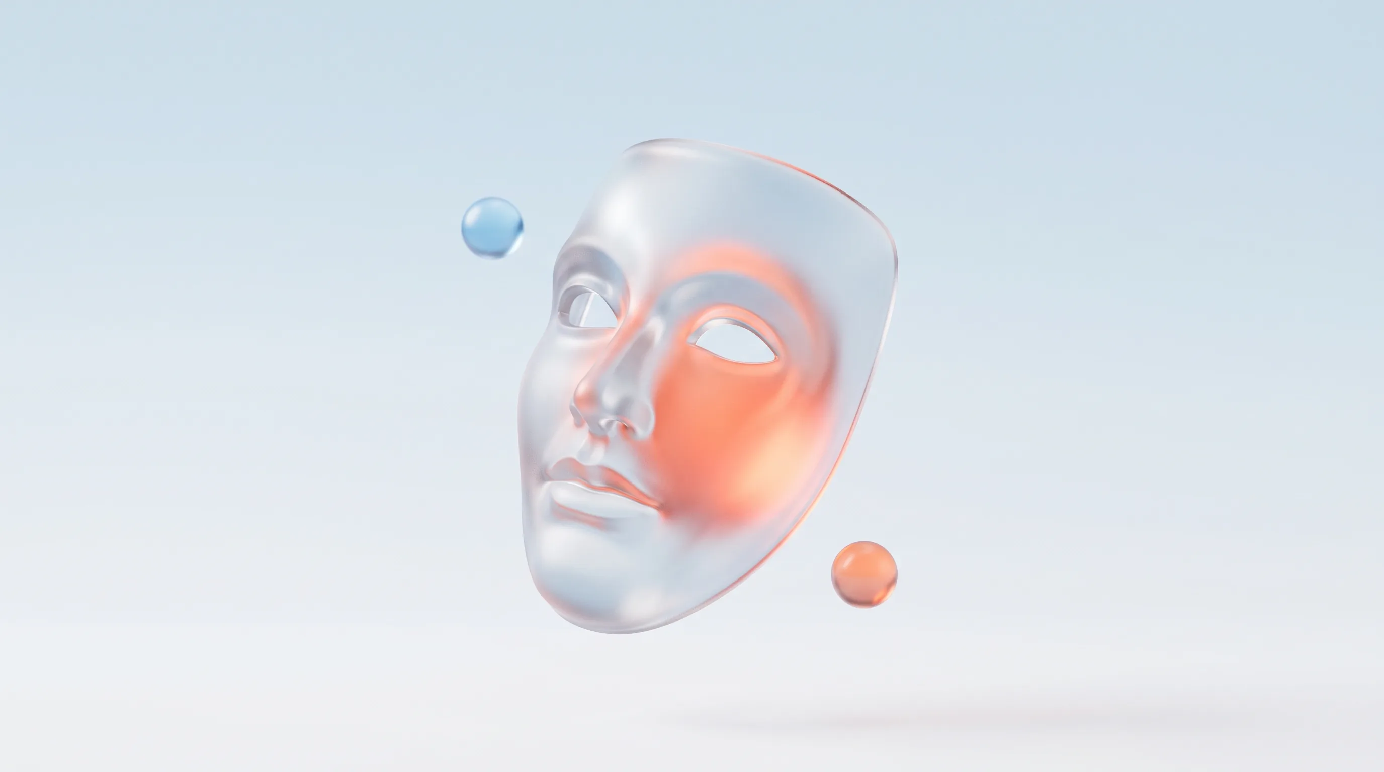 A single sculptural translucent glass theatrical mask with a warm coral glow at its core, representing brand archetypes and brand personality