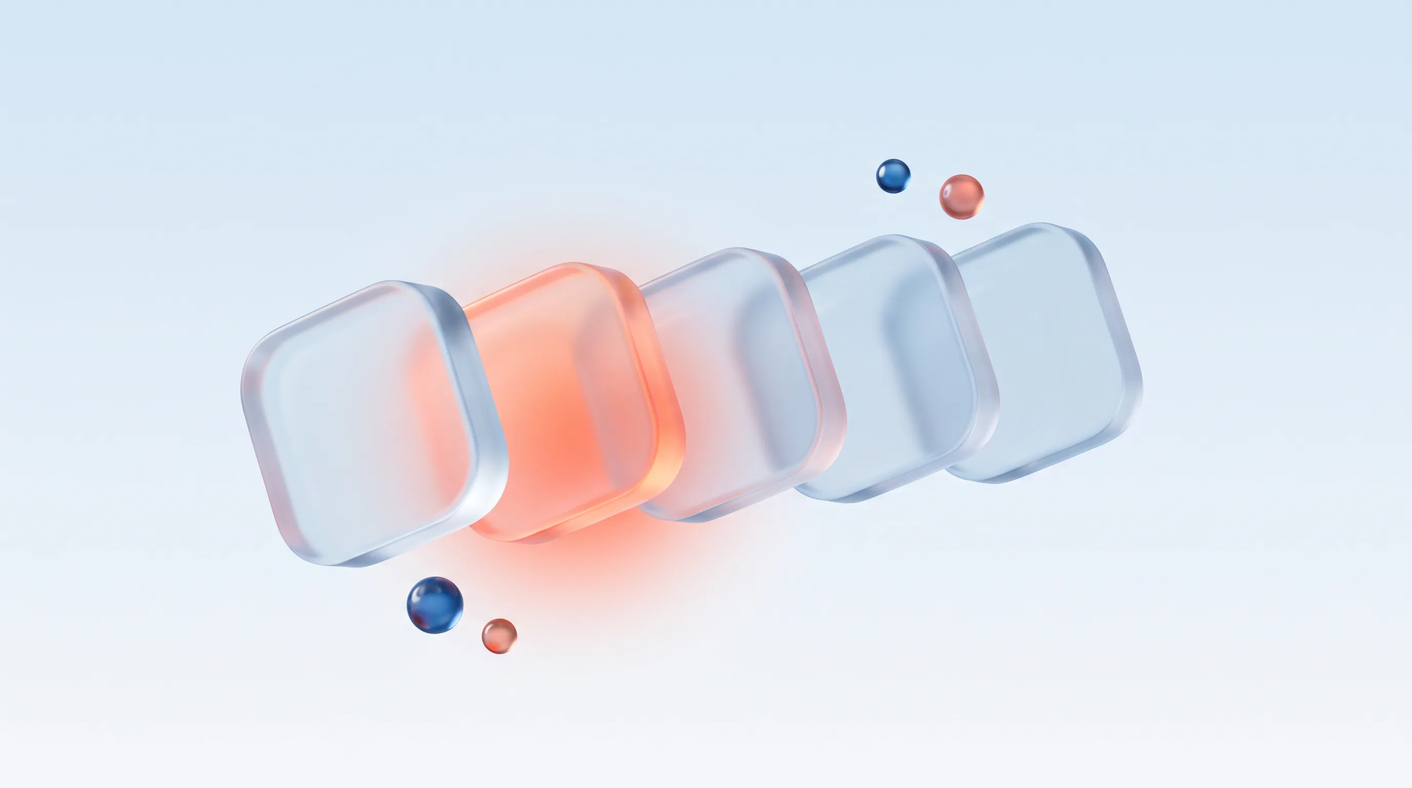 Several identical glass rounded shapes aligned in a row with one glowing coral, representing brand consistency