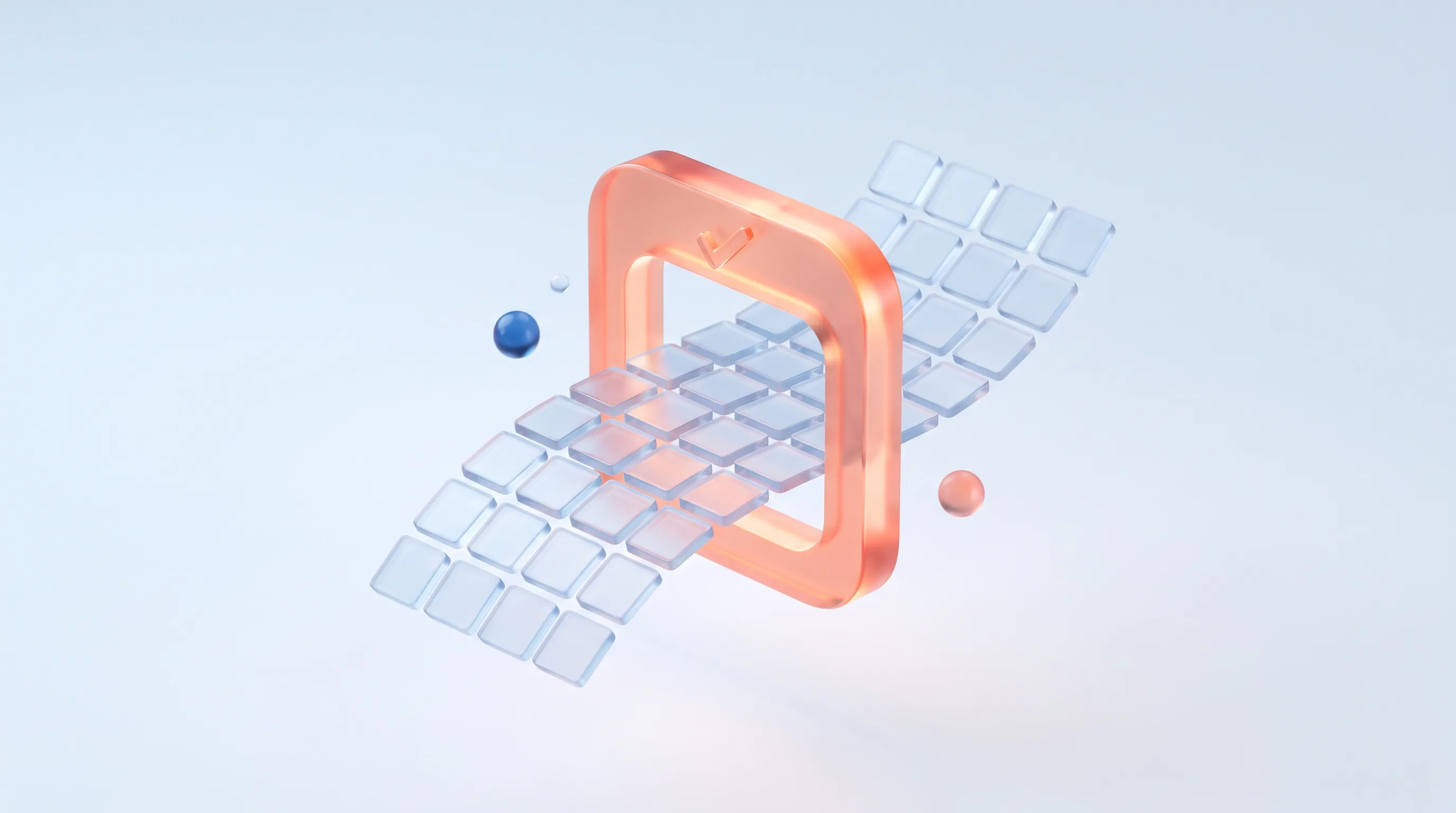 Glass grid of creative panels passing through a glowing glass checkpoint gate, representing quality control on automated brand creative