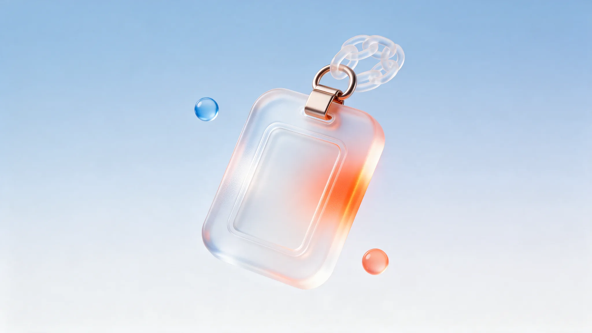 A sculptural frosted-glass name tag glowing against a pale sky-blue gradient with a warm coral light