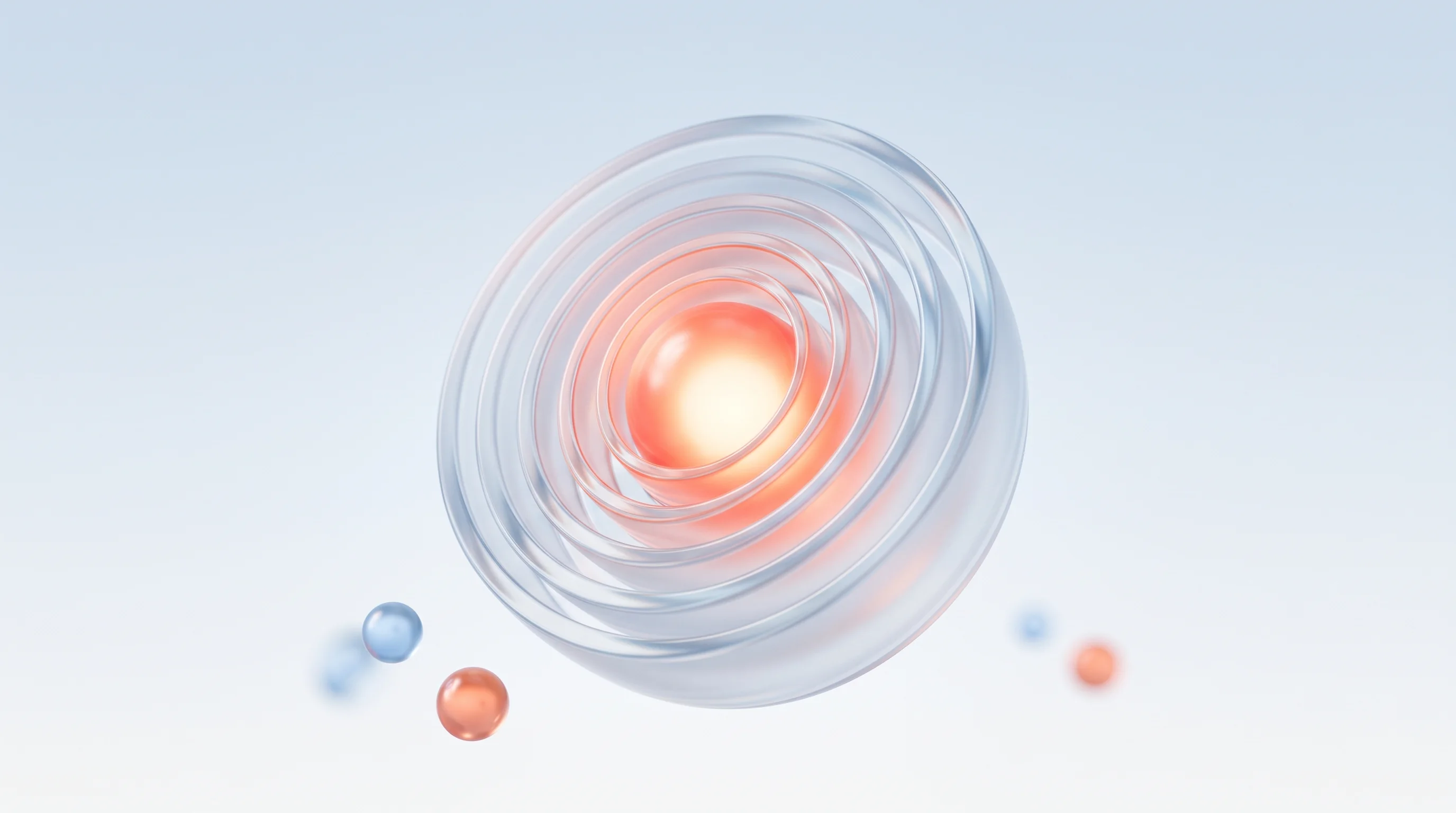 A glass glyph of concentric glass layers around one glowing core, representing the layers of a brand onion