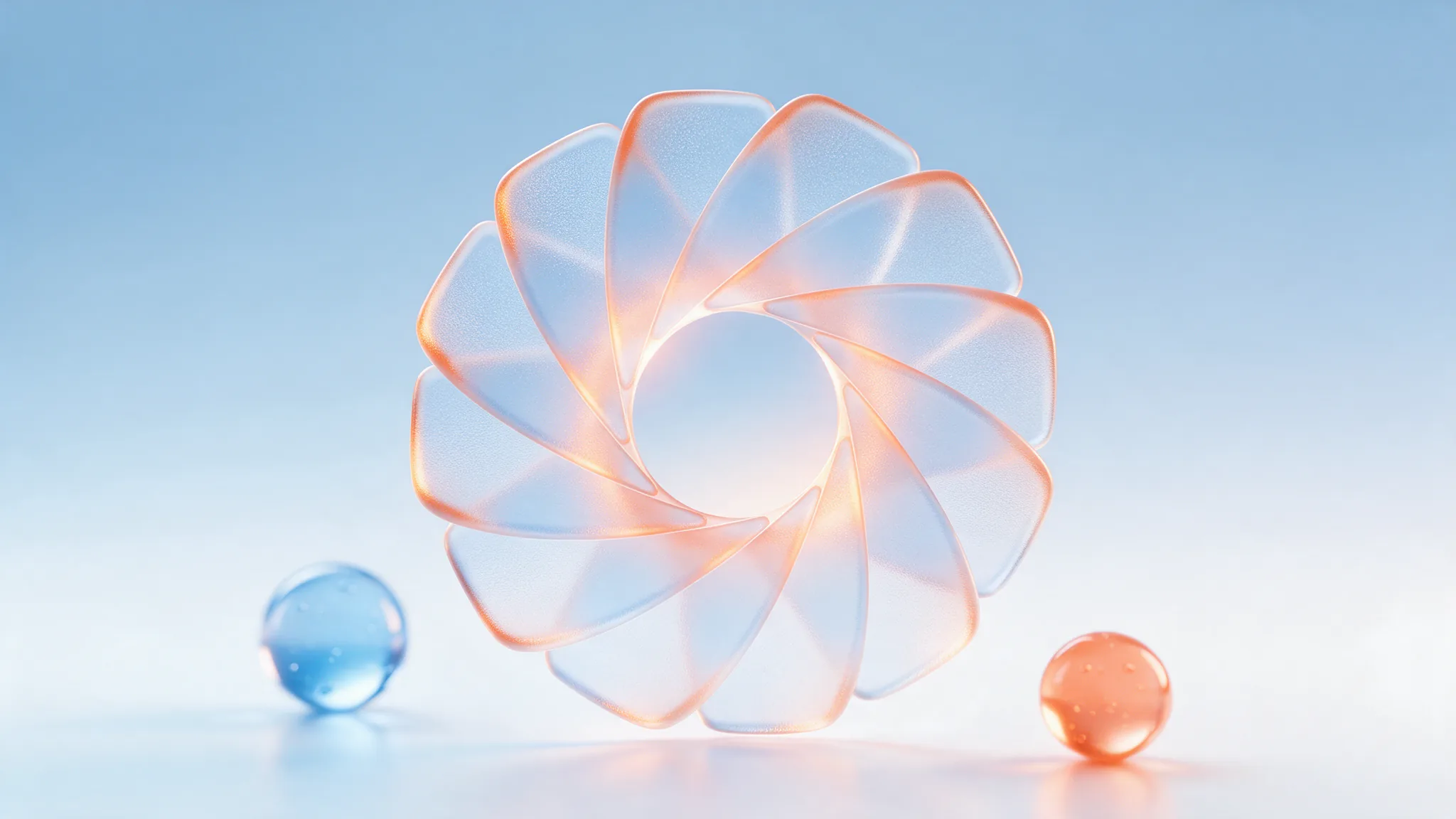 A frosted-glass camera aperture framing light, with blue and coral glass orbs on a pale sky-blue gradient