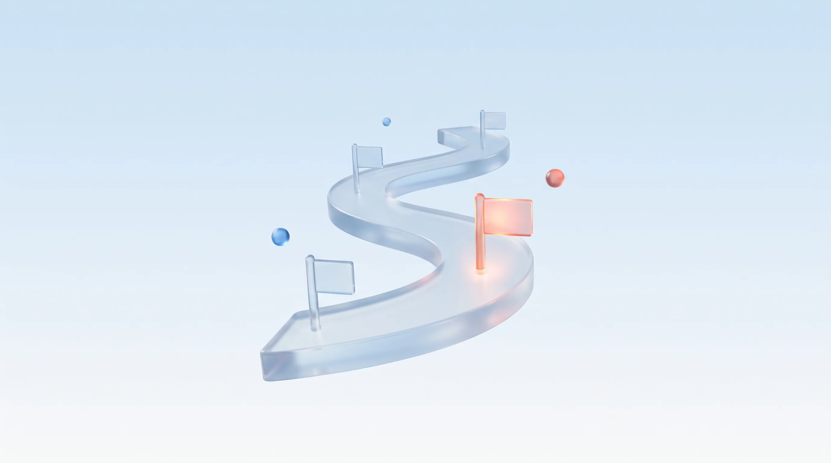 Glass ascending roadmap path with small glass milestone flags along it, one glowing, representing a prioritized CRO roadmap