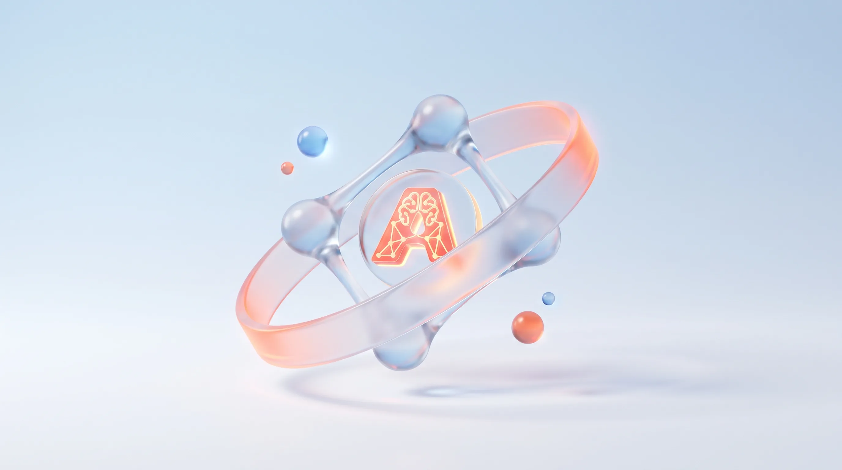 Glass workflow ribbon threading through connected nodes with an AI core glowing at its center, representing an AI-native marketing workflow