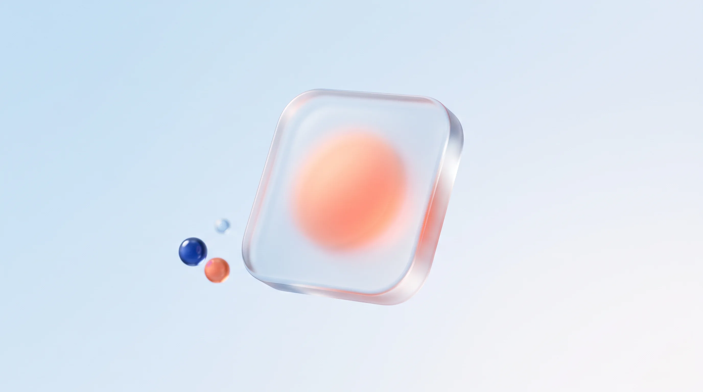 A glass glyph of a single softly glowing rounded panel in generous empty space, representing a calm, quiet interface