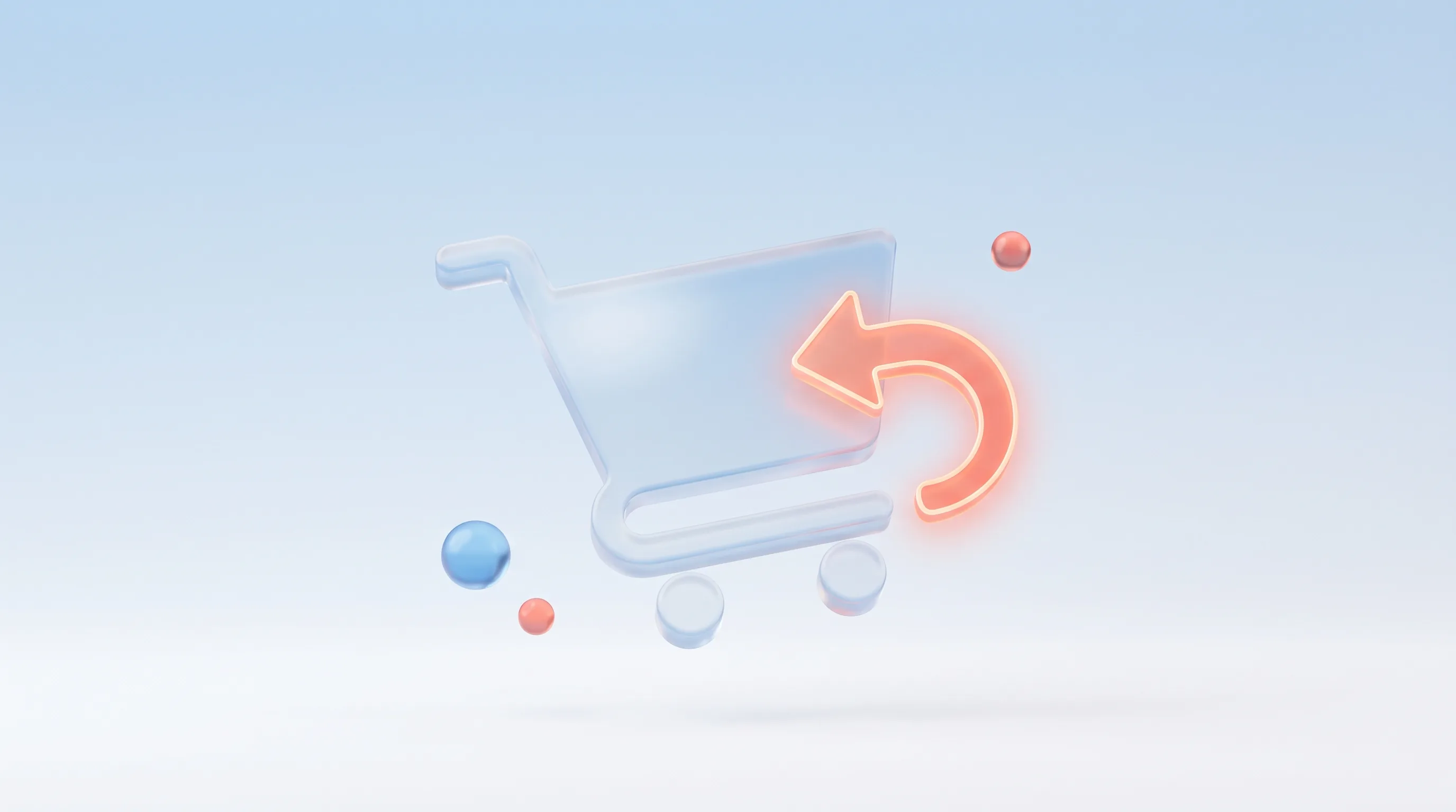 A glass shopping cart glyph with a glowing coral U-turn arrow curving back toward it, representing cart abandonment recovery