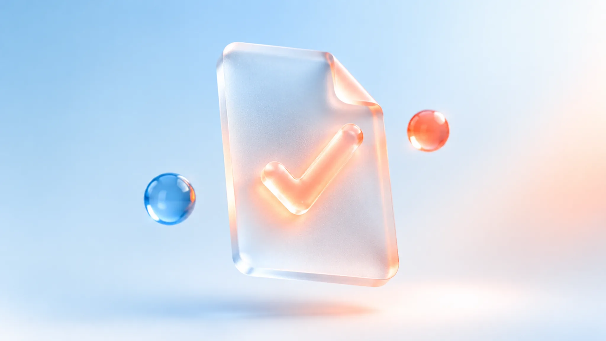 A frosted-glass document with a rising check mark, blue and coral glass orbs on a pale gradient
