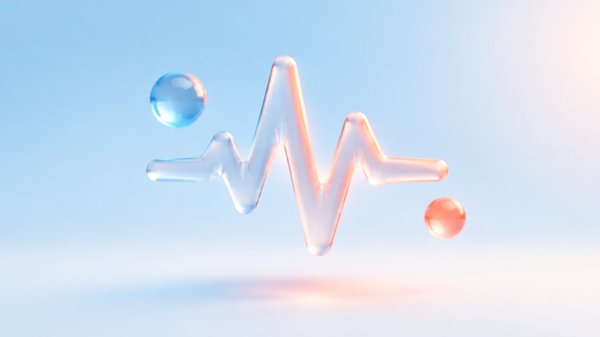 A frosted-glass heartbeat pulse line glyph over a pale surface with a warm coral glow