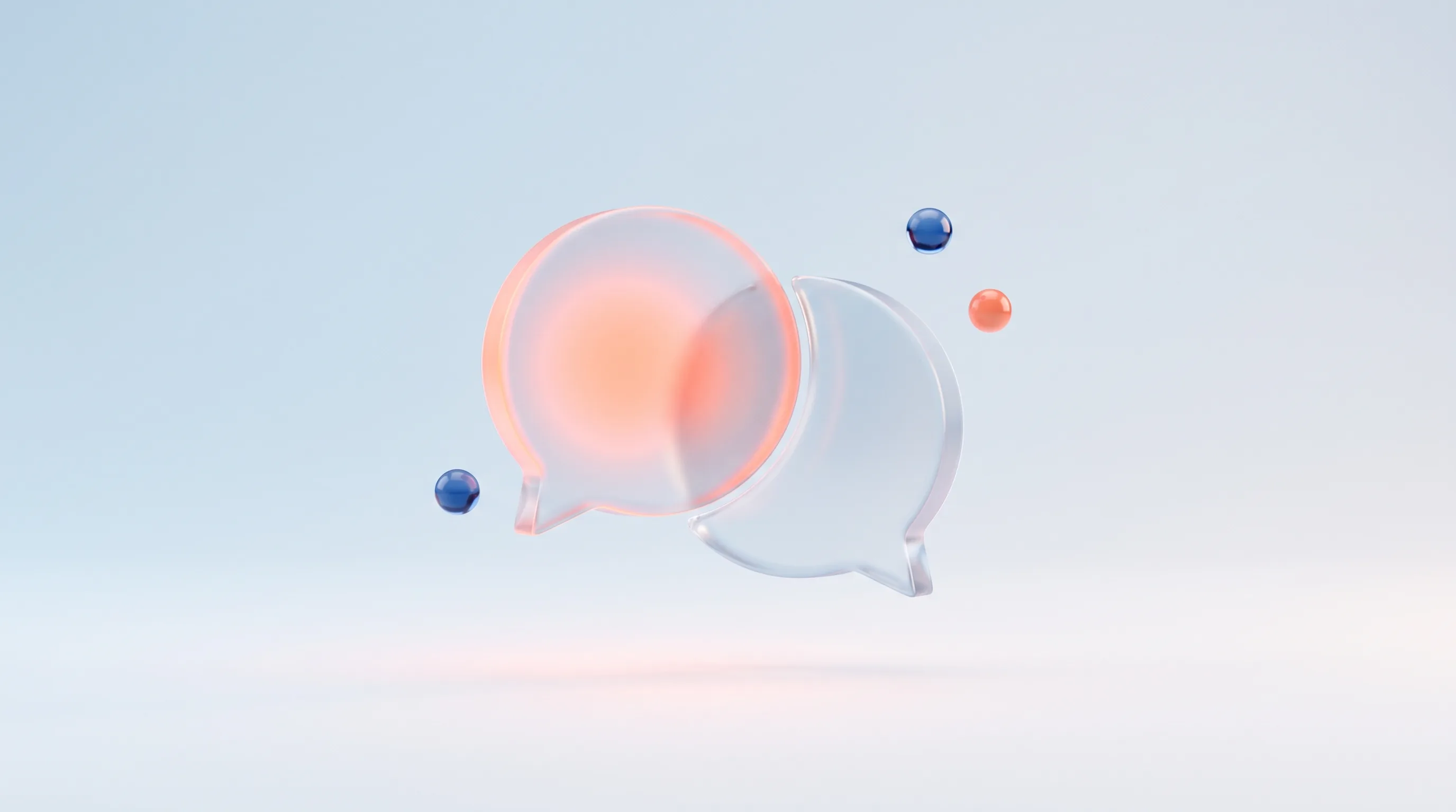 Two glass chat-bubble glyphs facing each other, one glowing warmly, representing a comparison of two AI assistants