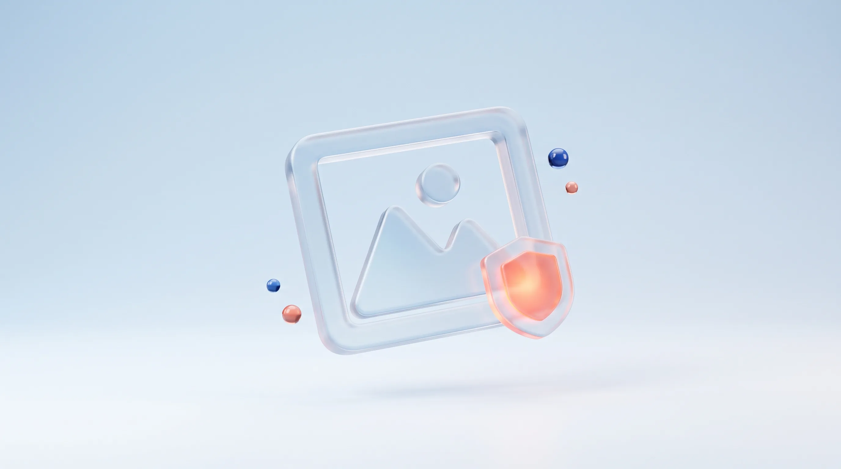Glass picture-frame glyph with a small glowing glass shield badge at its corner, representing brand-safe AI imagery