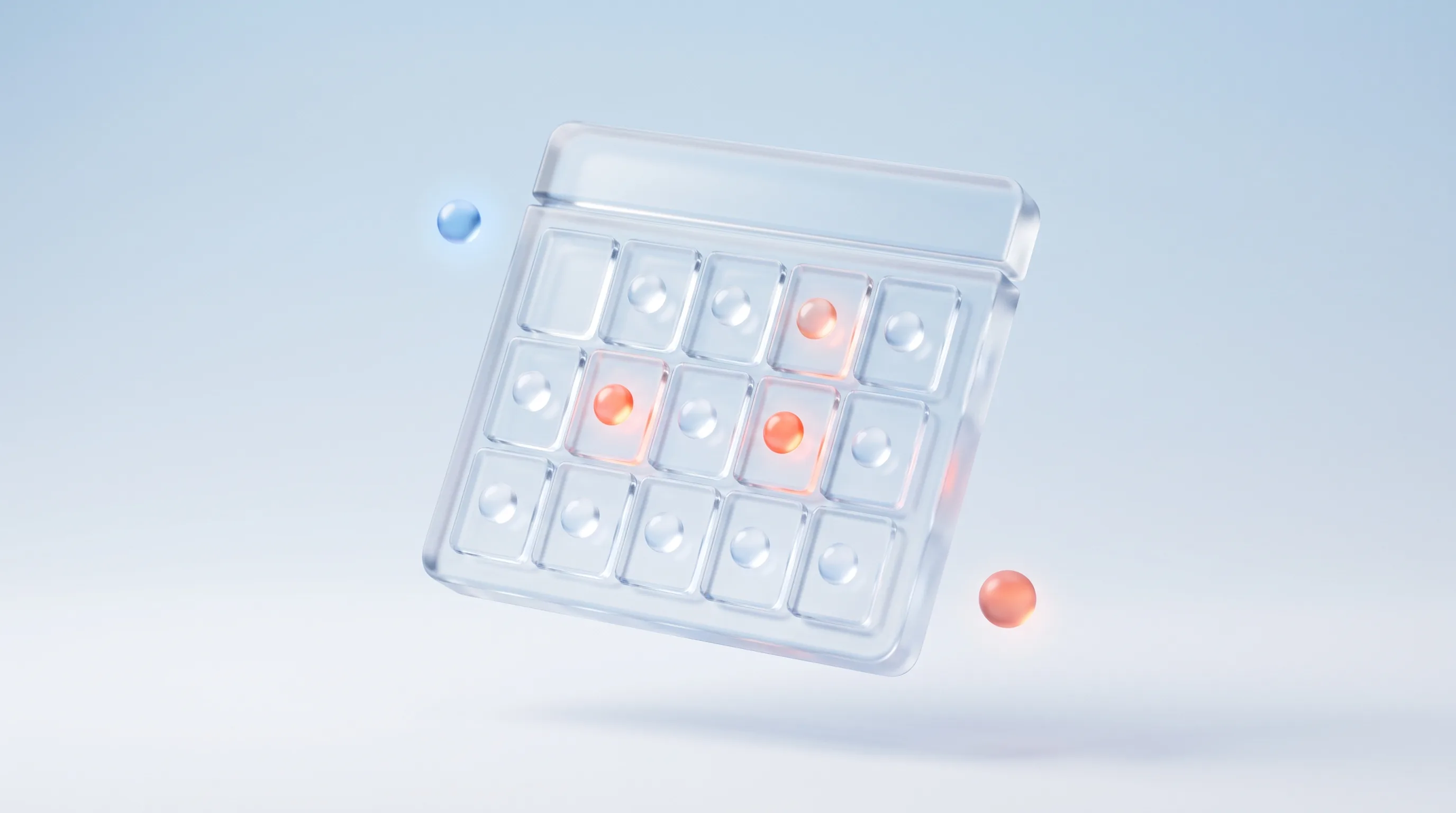 Glass calendar grid with glowing content markers flowing in a steady rhythm, representing a sustainable content calendar
