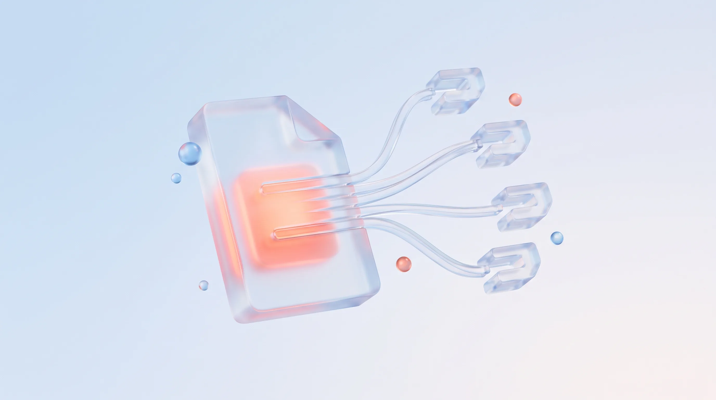 Glass document glyph with glowing streams radiating outward to smaller glass channel shapes, representing content repurposing