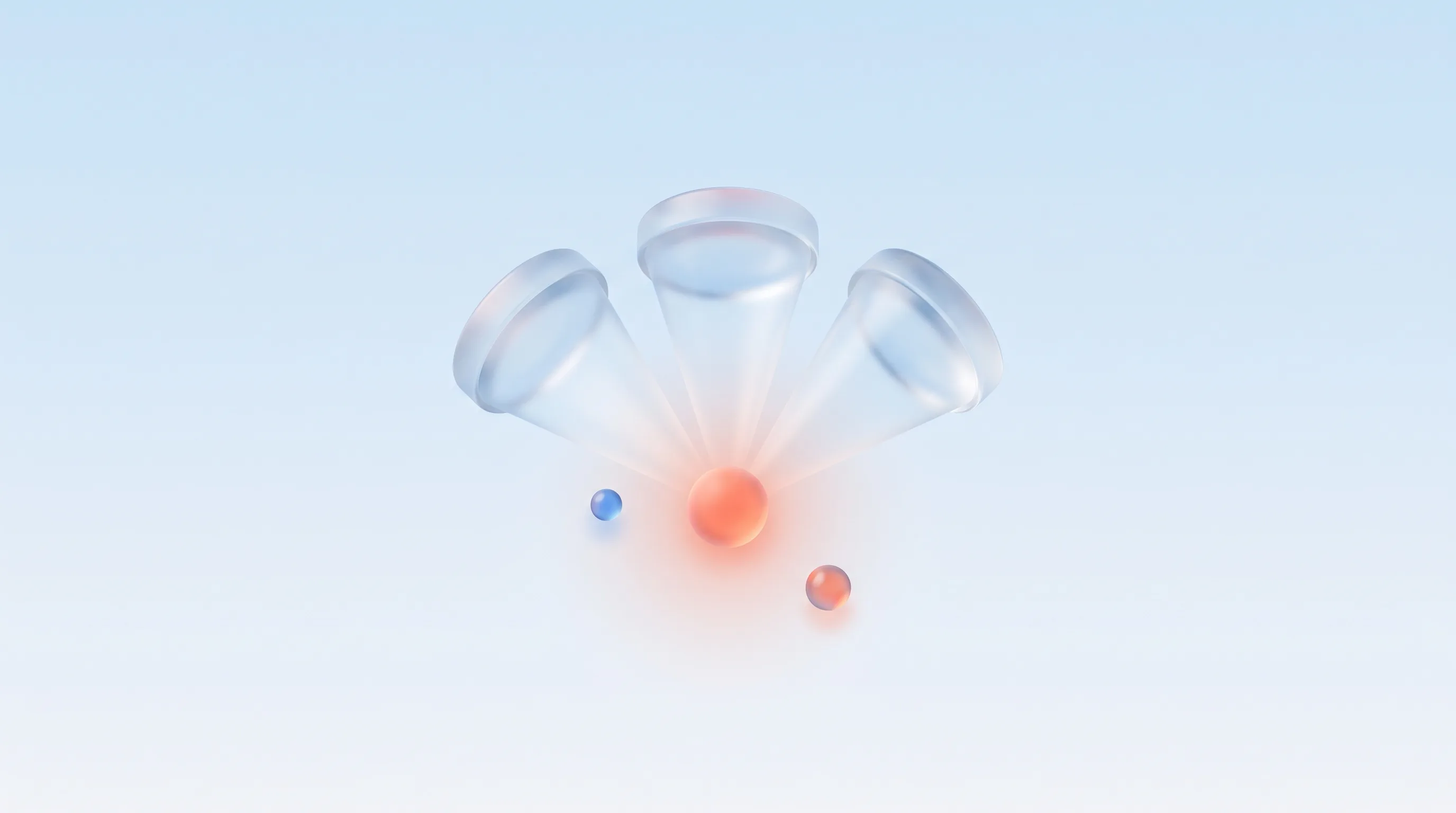Three glass lenses converging their beams onto a single glowing point, representing quantitative, qualitative, and technical research triangulating on one conversion insight