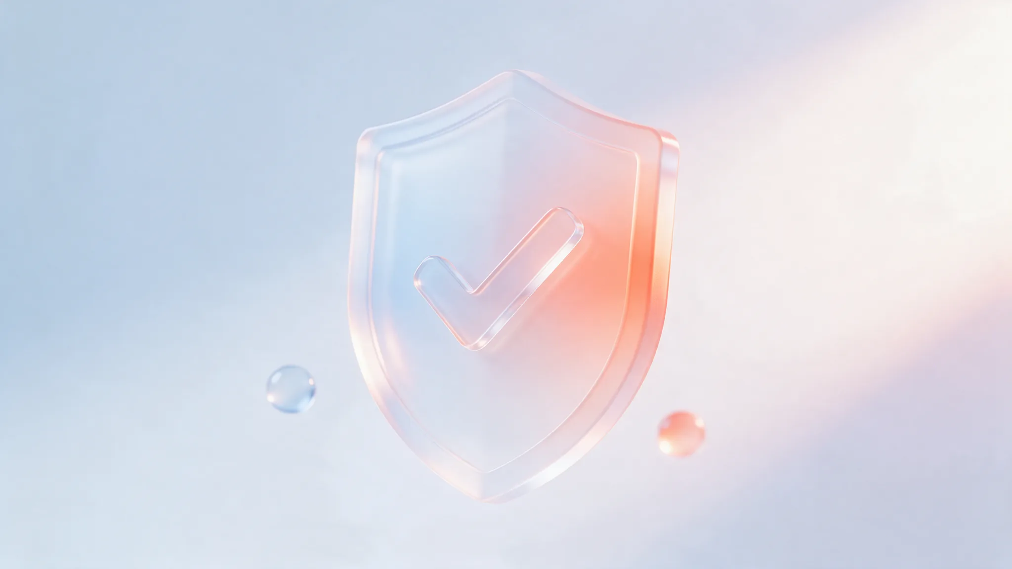 A frosted-glass shield with a check mark, flanked by blue and coral glass orbs on a pale gradient