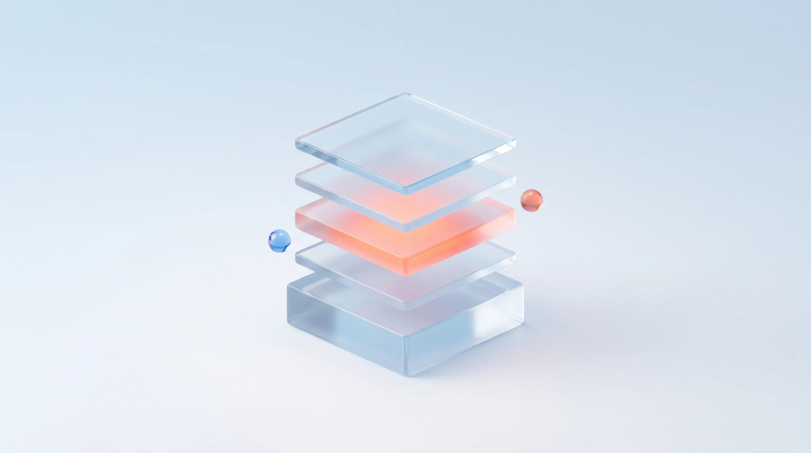 Stacked glass layers rising from a foundation block to an output layer, one layer glowing, representing the layered tech stack behind creative automation