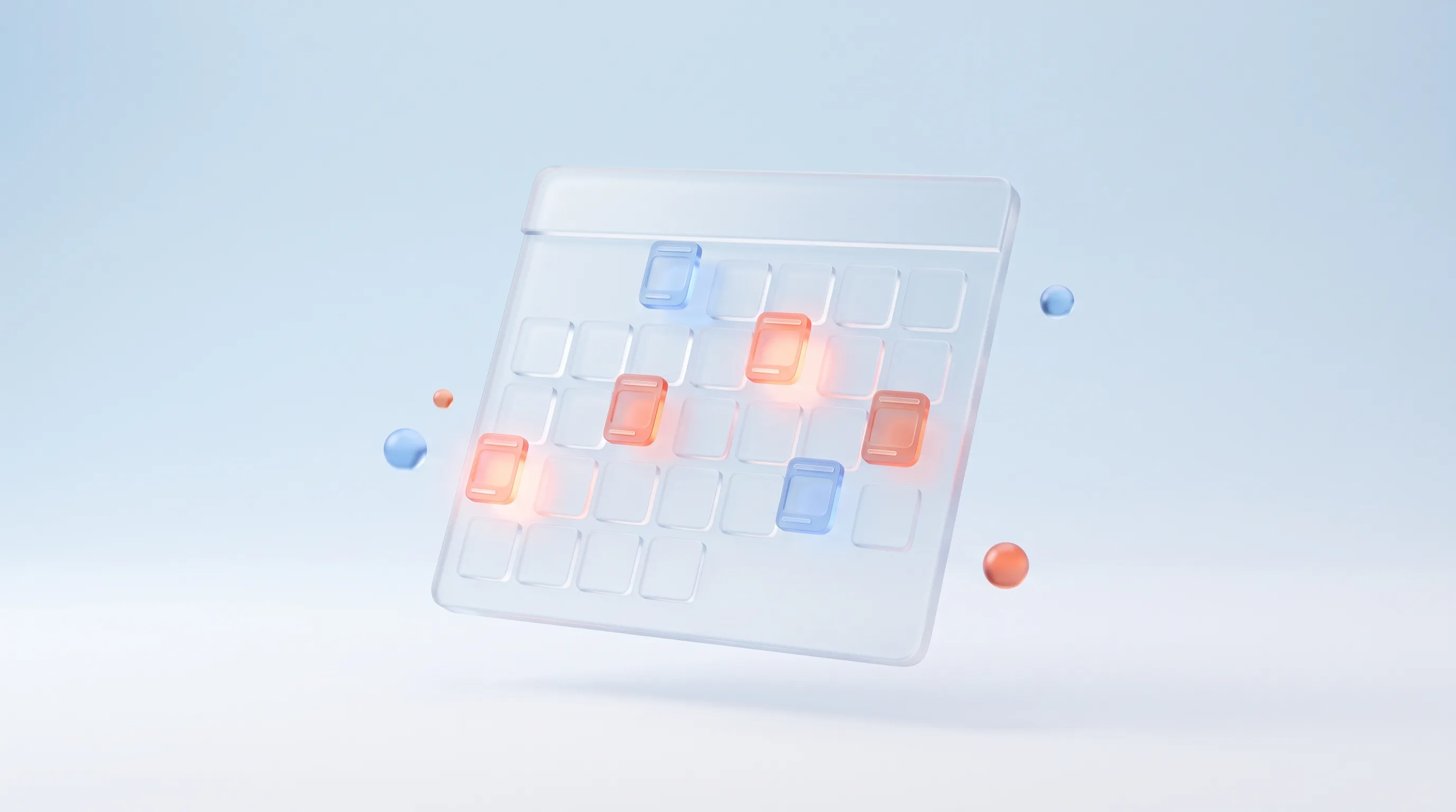 Glass calendar grid with glowing ad-frame experiments plotted across it, representing a planned year of creative testing