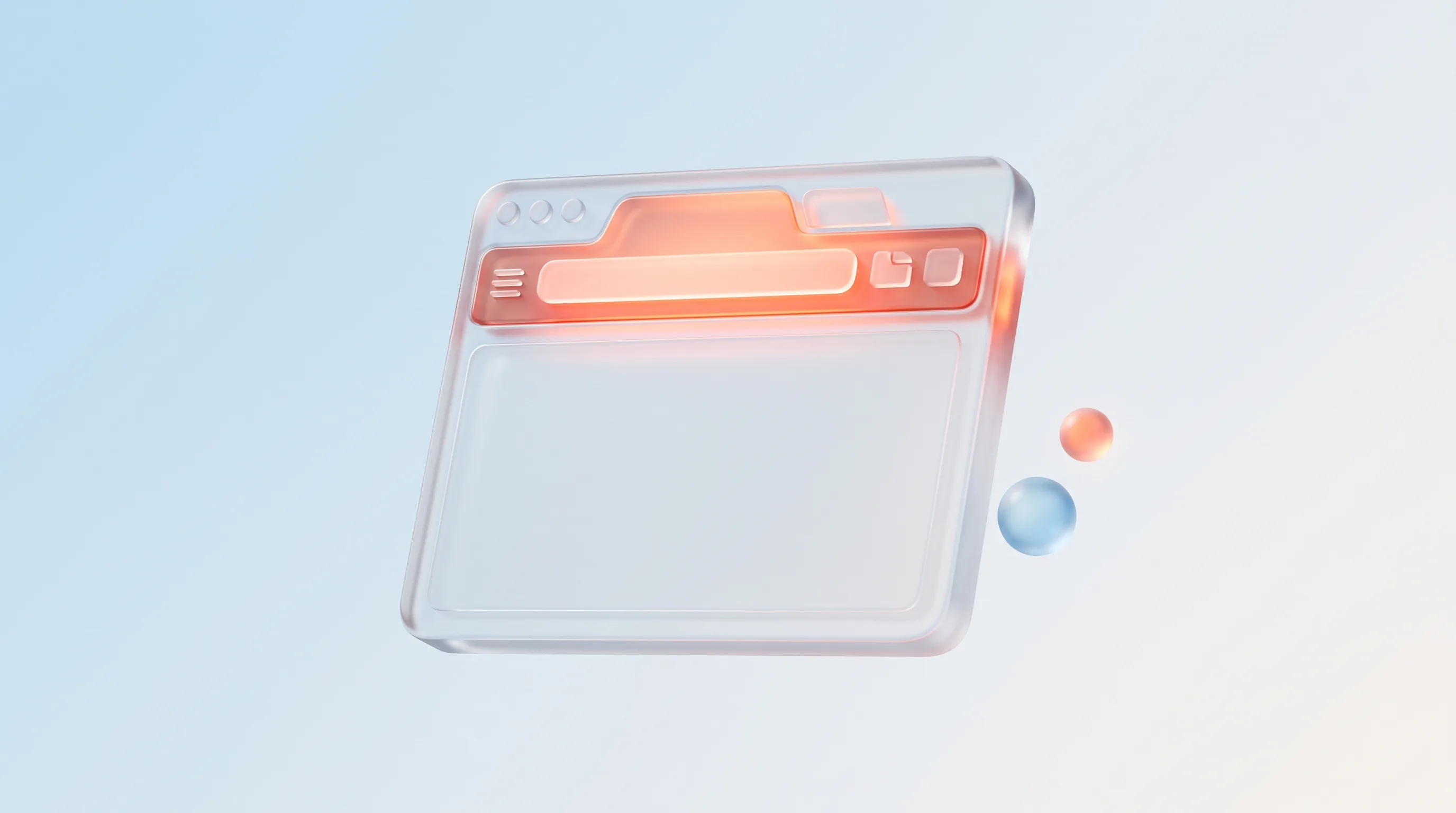A glass browser window frame where only the top above-the-fold section is fully rendered and glowing, representing critical CSS
