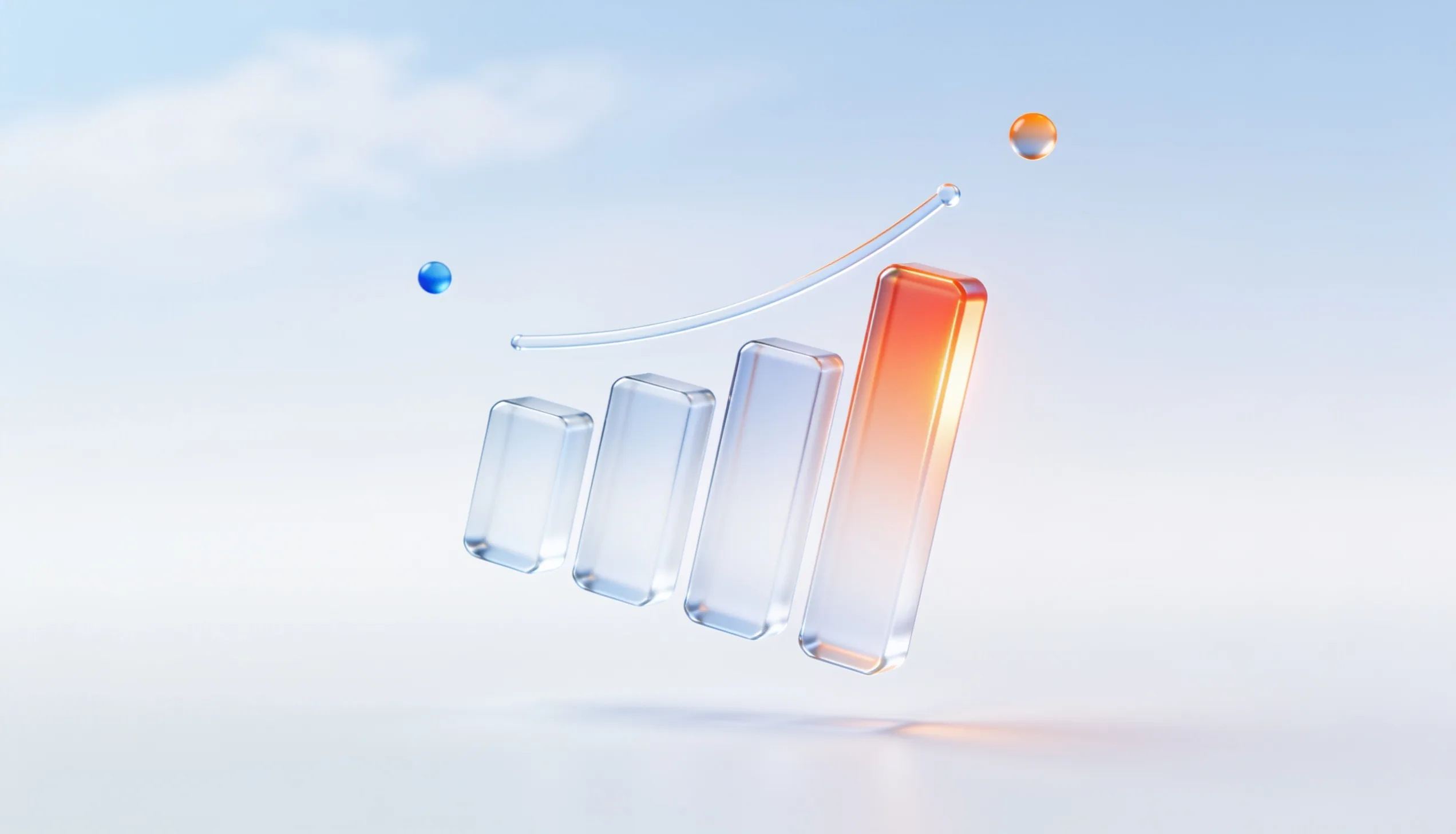 Ascending glass bars with a trend line, representing conversion growth on a small site
