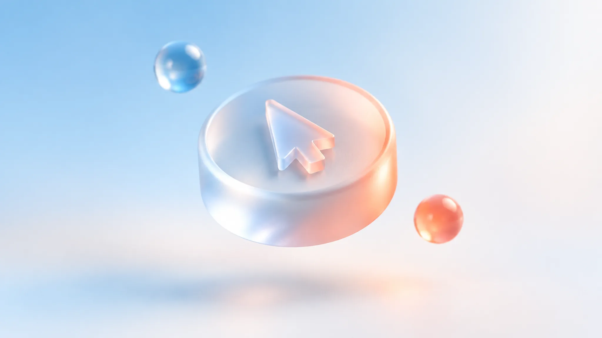 A frosted-glass button glyph on a pale sky-blue gradient with a warm coral glow