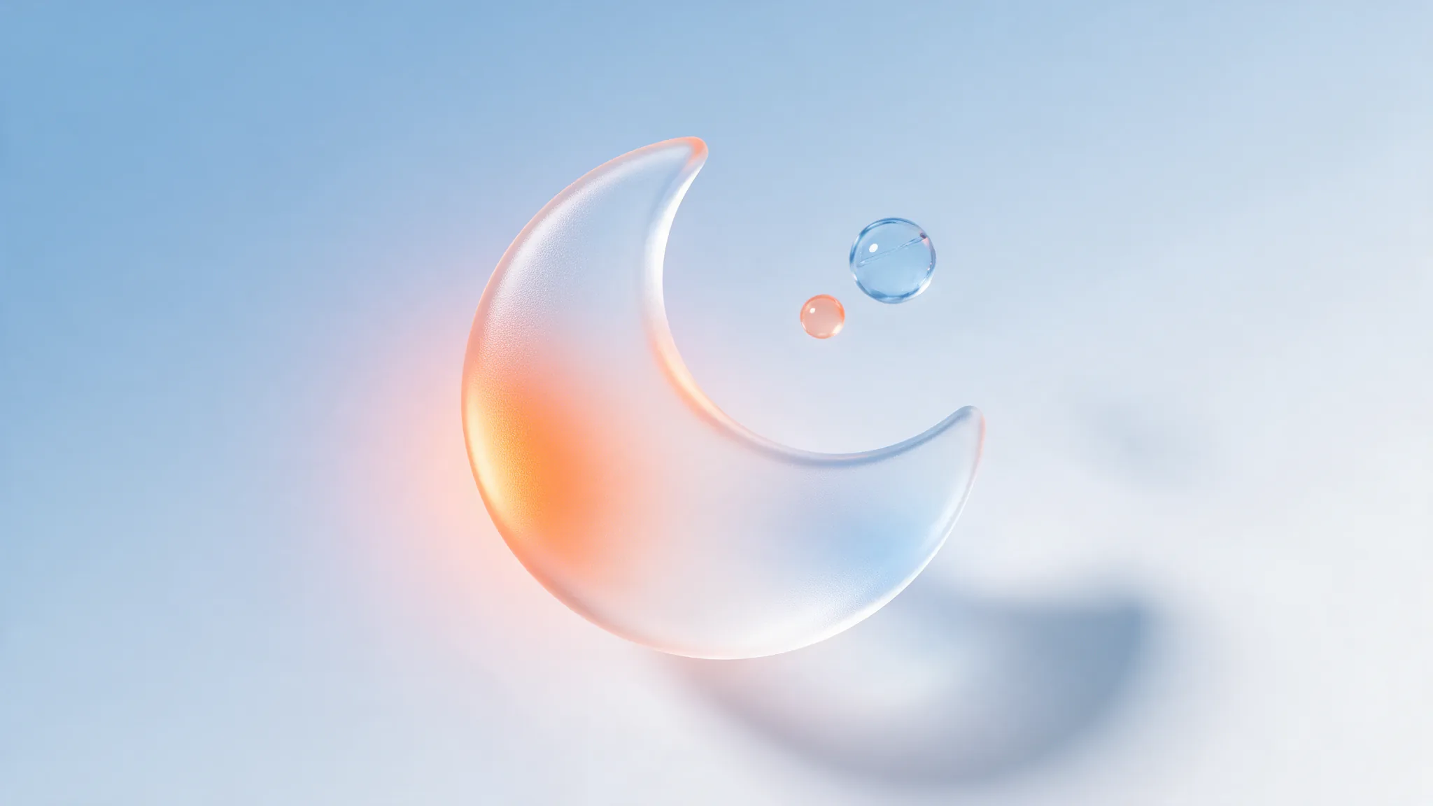 A frosted-glass crescent moon toggle on a pale gradient with a soft warm coral glow