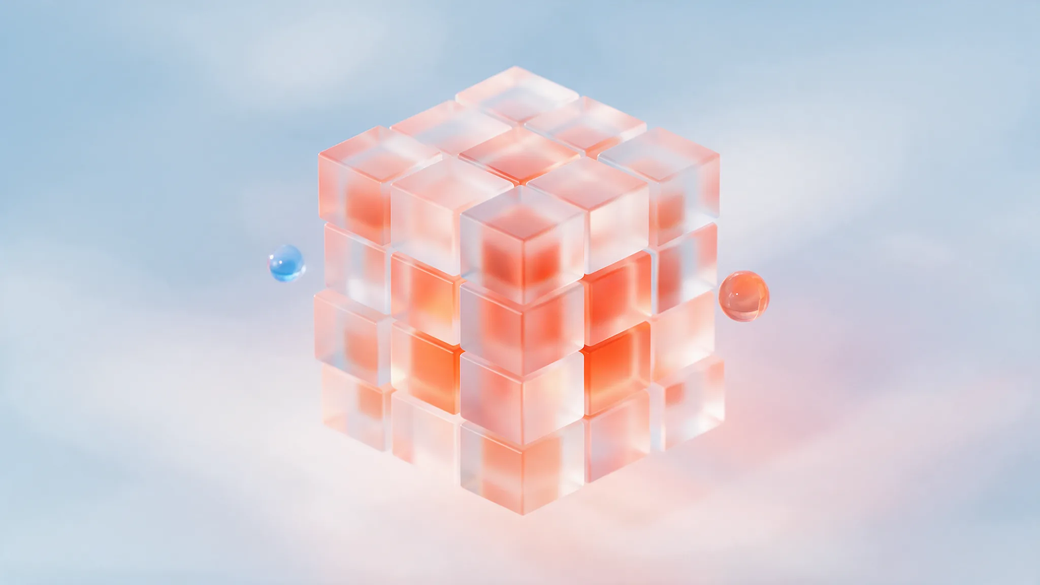 Interlocking frosted-glass modular blocks forming a neat grid, warm coral glow behind on a pale background