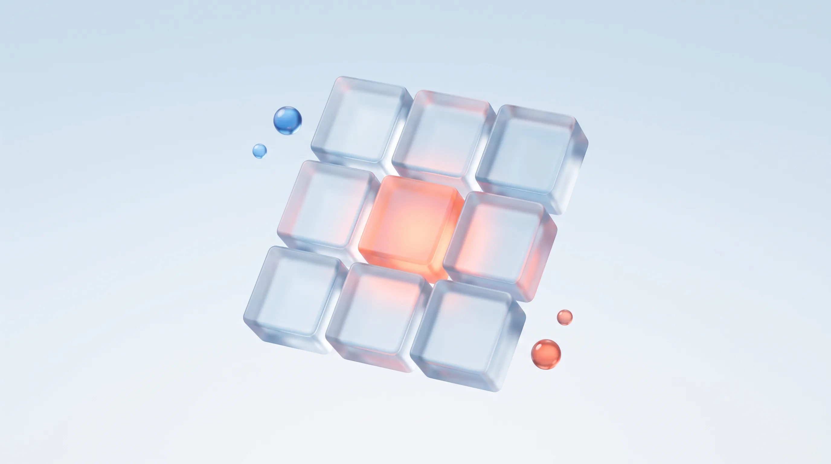 Glass modular grid of identical component tiles with one glowing, representing a design system powering automated creative