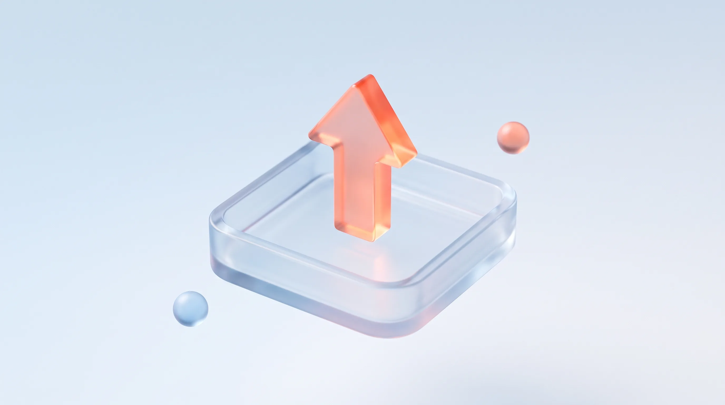 A glass empty tray glyph with a single glowing coral upward arrow inside, representing a guiding empty state