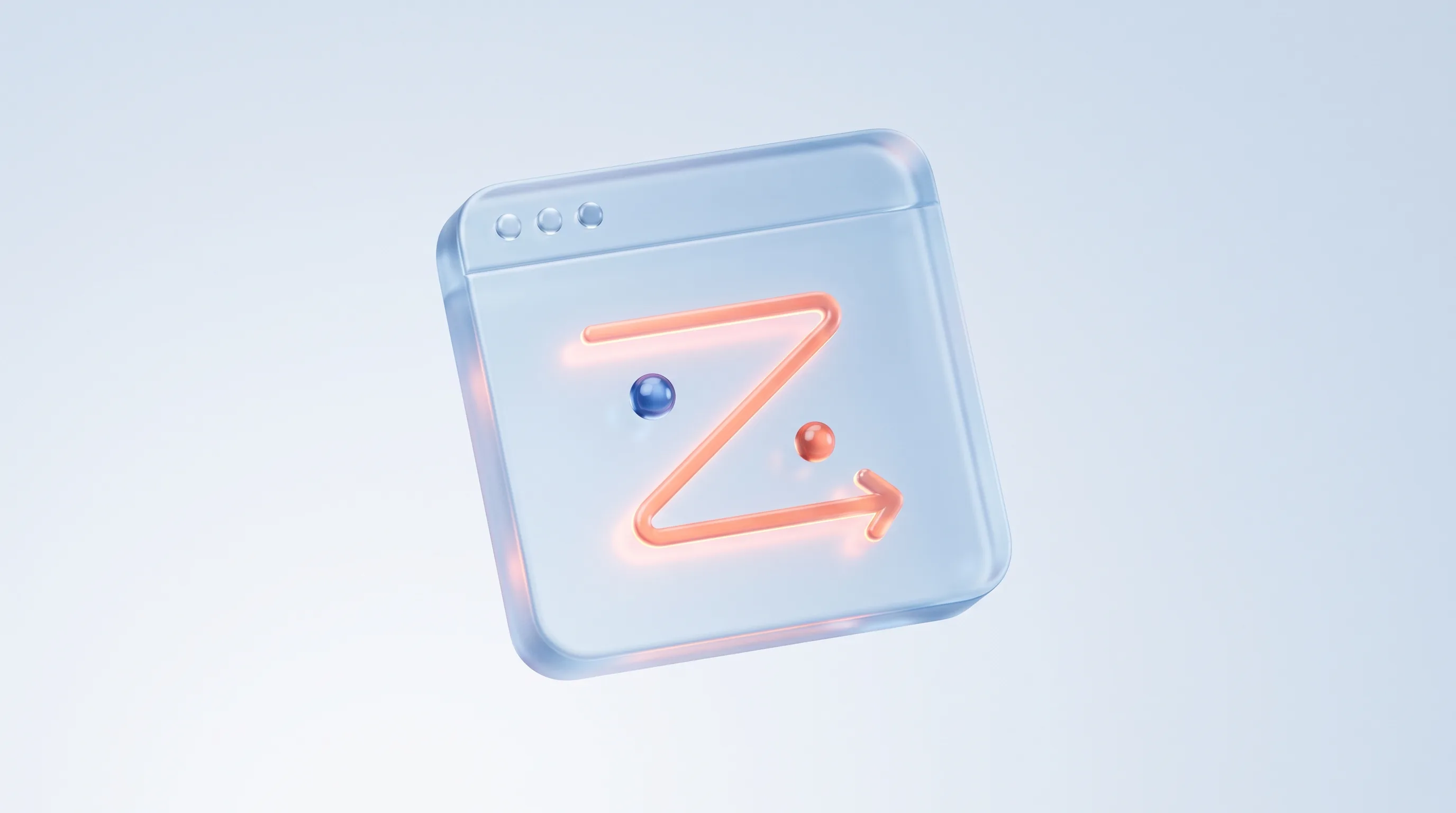 Glass browser page frame with a glowing scan path tracing down it, representing how a skimming eye moves through a page