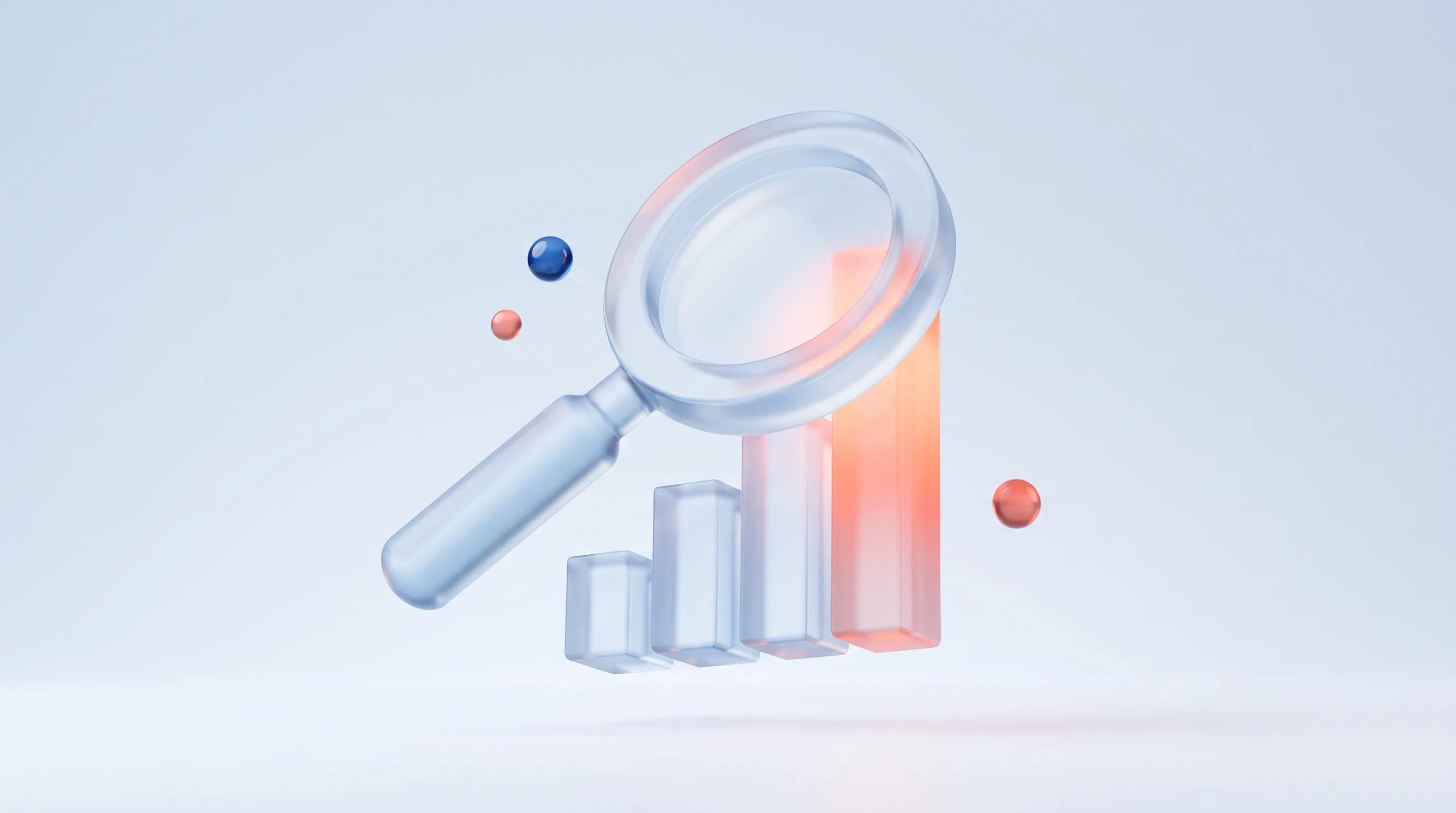 Glass magnifying glass hovering over a glass bar chart with one bar glowing, representing examining the evidence on Core Web Vitals and rankings
