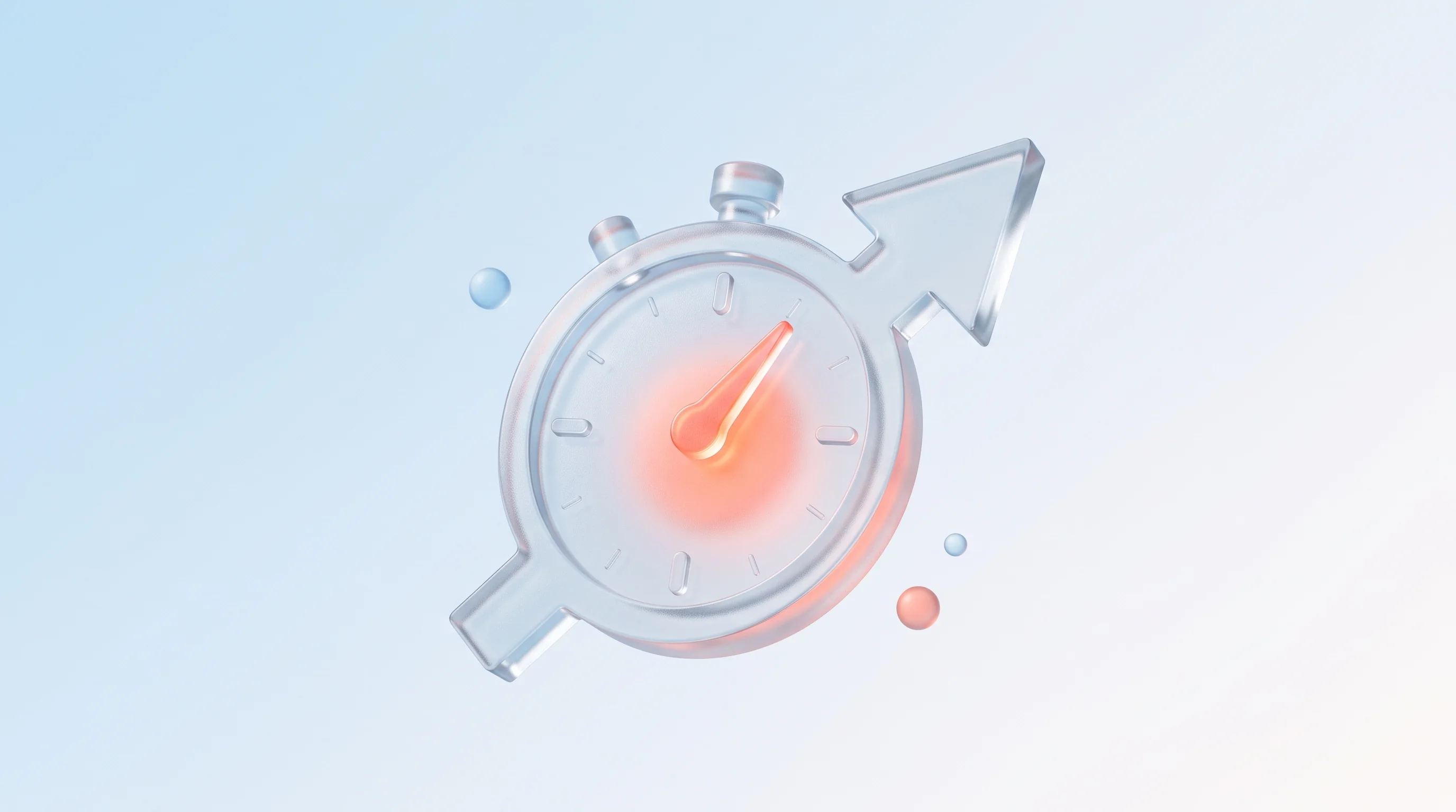 A glass glyph of a stopwatch fused with a cursor, its needle glowing just before a threshold, representing fast response