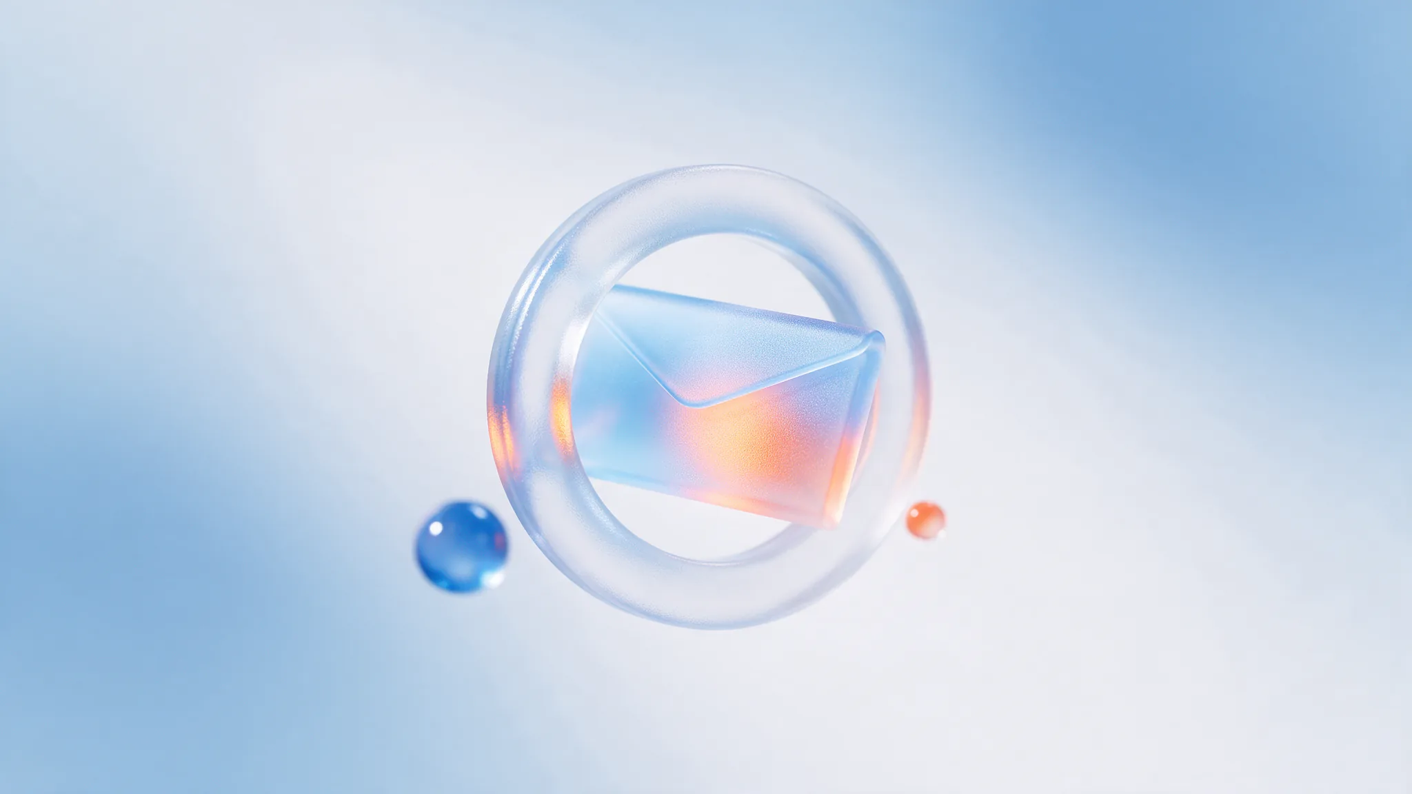 A frosted-glass envelope passing through a glowing ring with warm coral light behind on a pale gradient