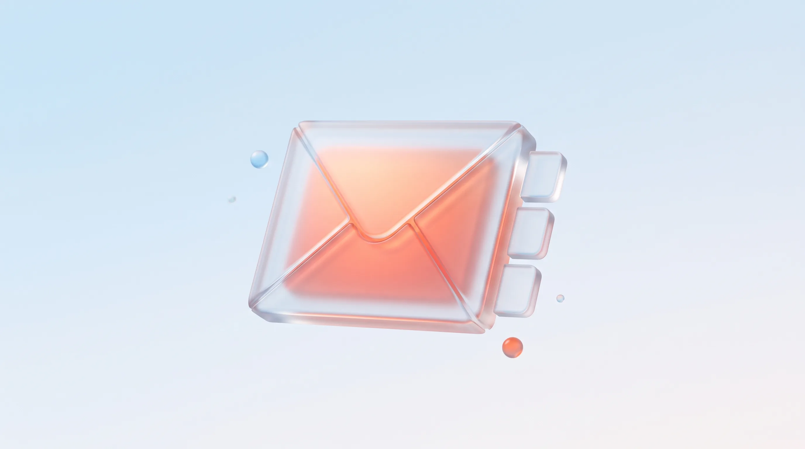 A glass envelope glyph with a glowing coral core and small dividers beside it, representing email segmentation